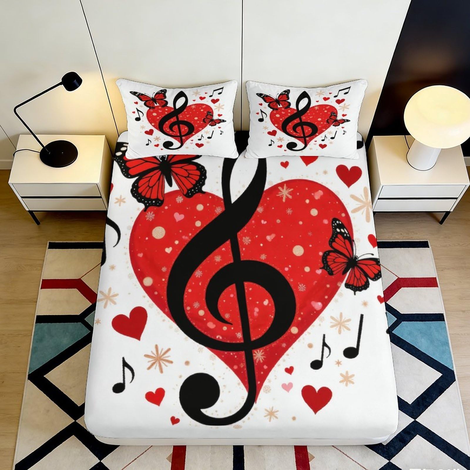 3D Printed Heart Music Fitted Sheet Microfiber Red Butterfly Bed Cover Non Slip Easy Care for Bedroom Dorm 200x200x25cm