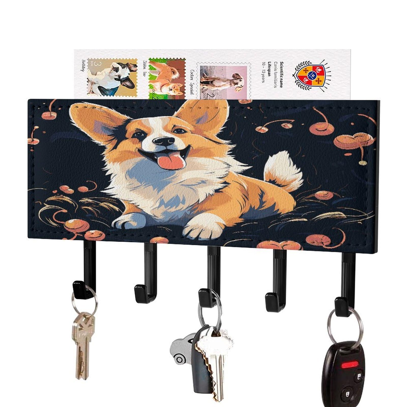 FekiLoot Corgi Dog on Dark Background Key Holder Wall Mount Key Hooks for Wall Decorative with 5 Hooks PU Mail Rack Organizer with Shelf for Entryway Mudroom Hallway Office 7.1X4.3 in