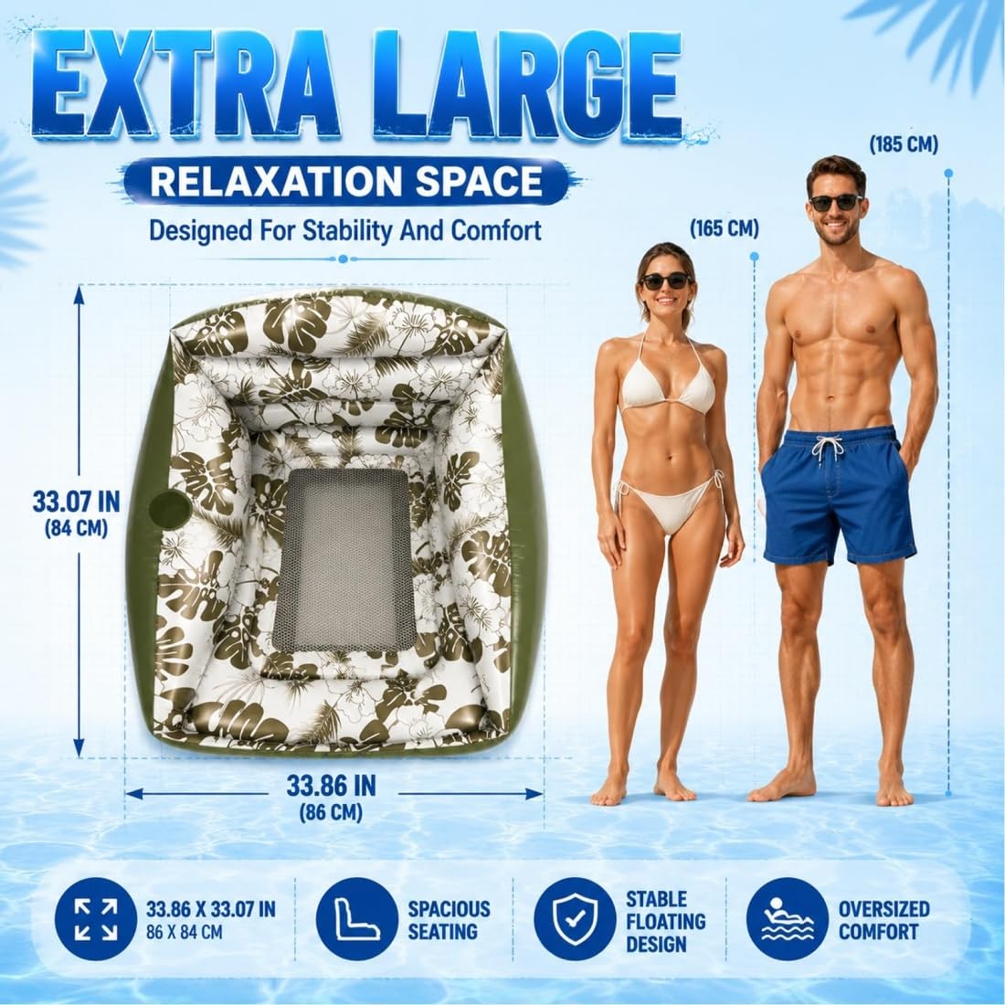 Fauteuil Gonflable Piscine 3-en-1 Adulte, hamac Flottant en U avec Porte-gobelet et siège Filet pour Piscine, lac, Plage et Vacances