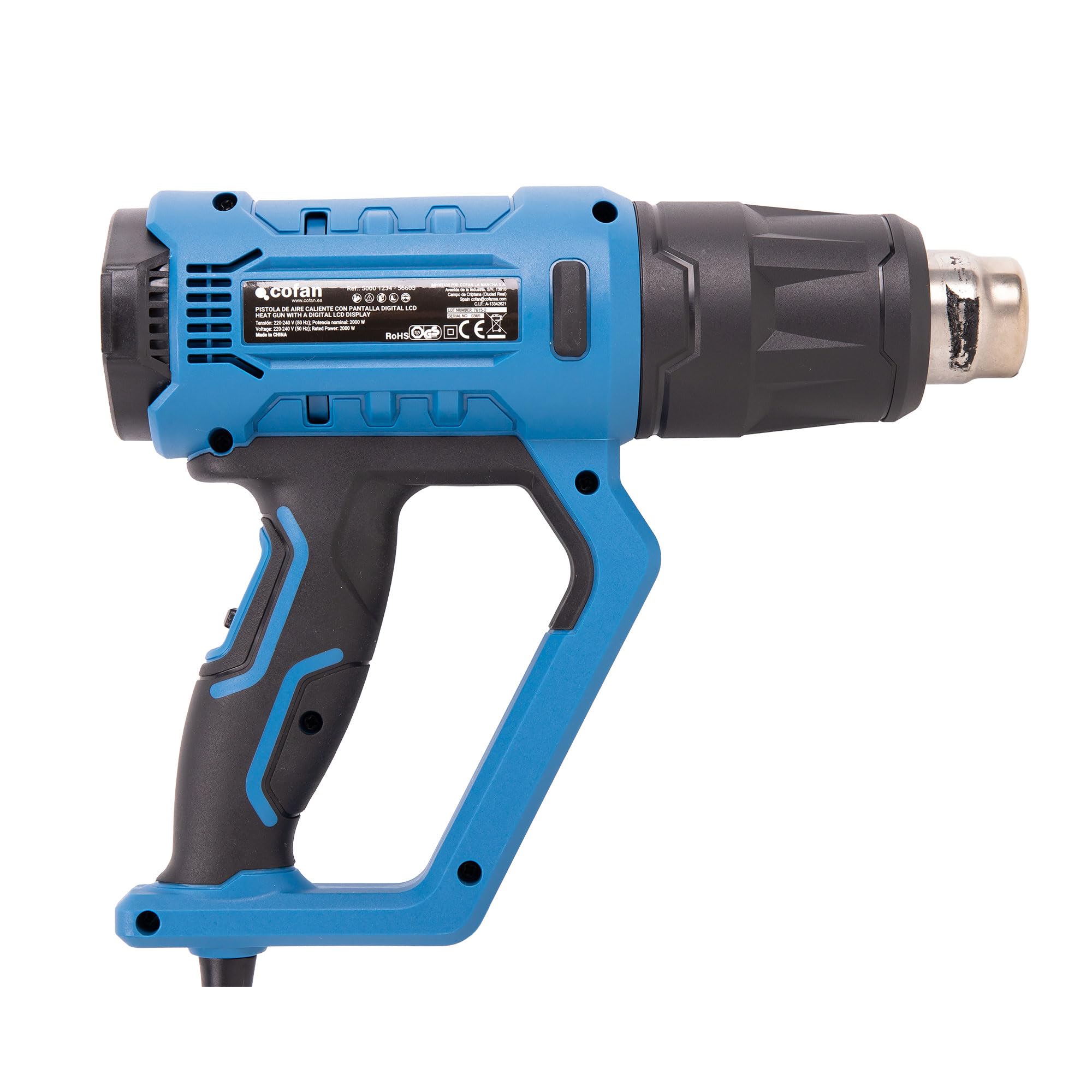 Cofan Pistola de aire caliente 2000 W | LCD digital display |Temperatura regulable 50° hasta 650° | 5 accesorios para decapar, deformar tubos, encoger PVC