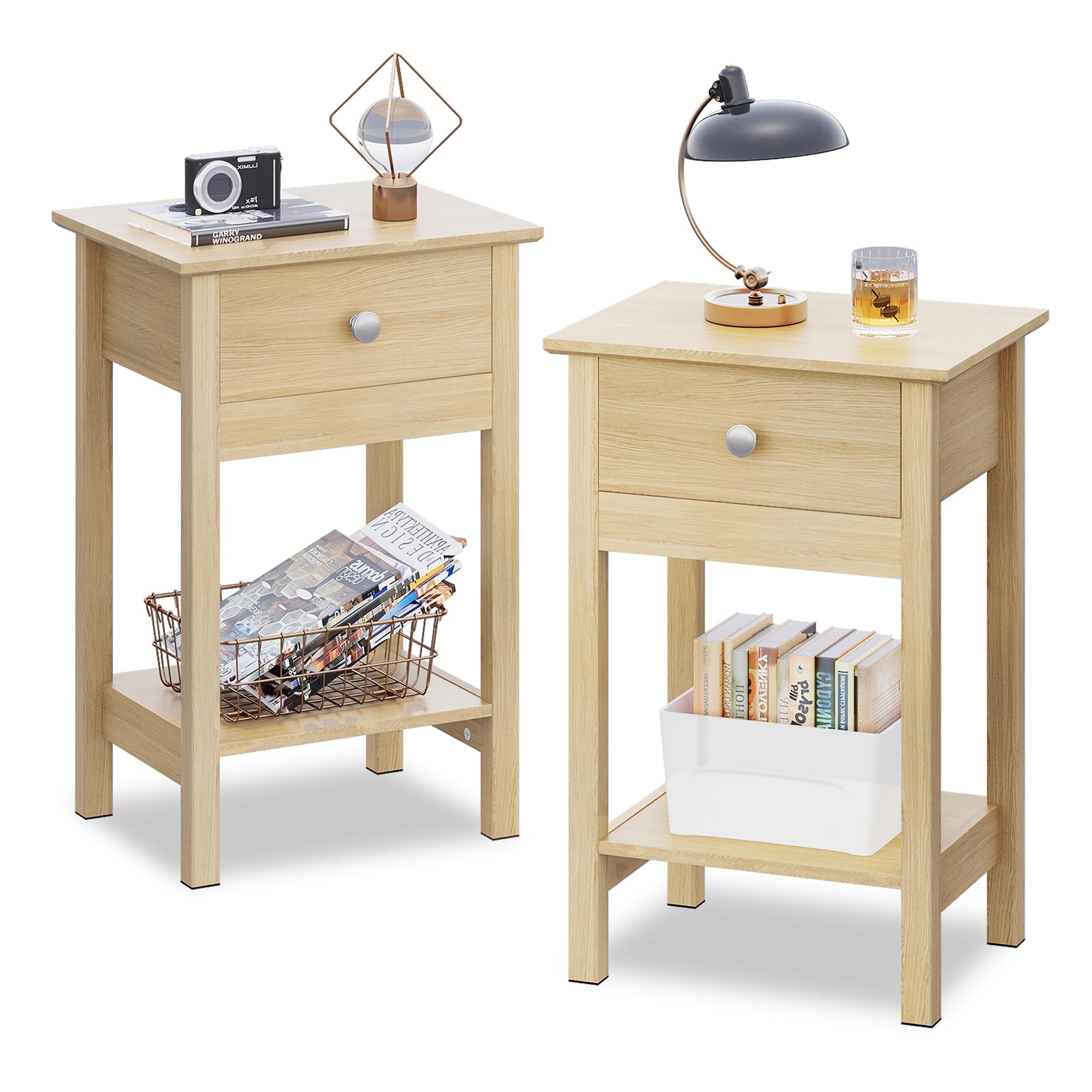 WLIVE Nachttisch,Beistelltisch aus Holz,mit Einer Schublade und Ablage,Platzsparend,Geeignet für Schlafzimmer und Wohnzimmer,Modern (2, Eiche)