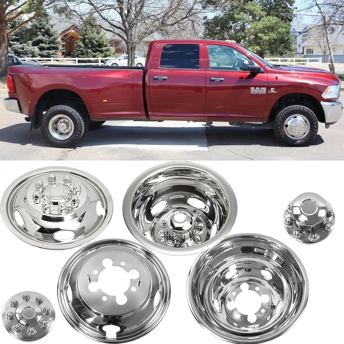 4pcs 17inch Polished Stainless Steel Dually Wheel Simulators, Bolt On Wheel Cover with Removable Centre Cap, 8 Lug Hubcaps fit for 2003-2018 Dodge Ram 3500 C17D8