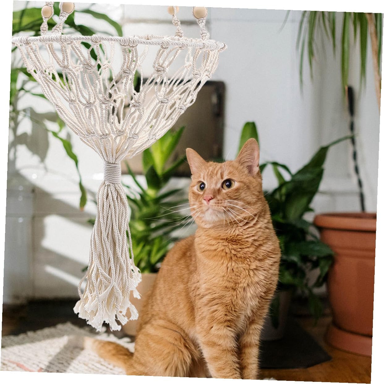 Luxshiny Hanging Cat Hammock Bed 40cm Bohemian Woven Wear-Resistant Cat Nest Pet Mesh Basket to 30lbs