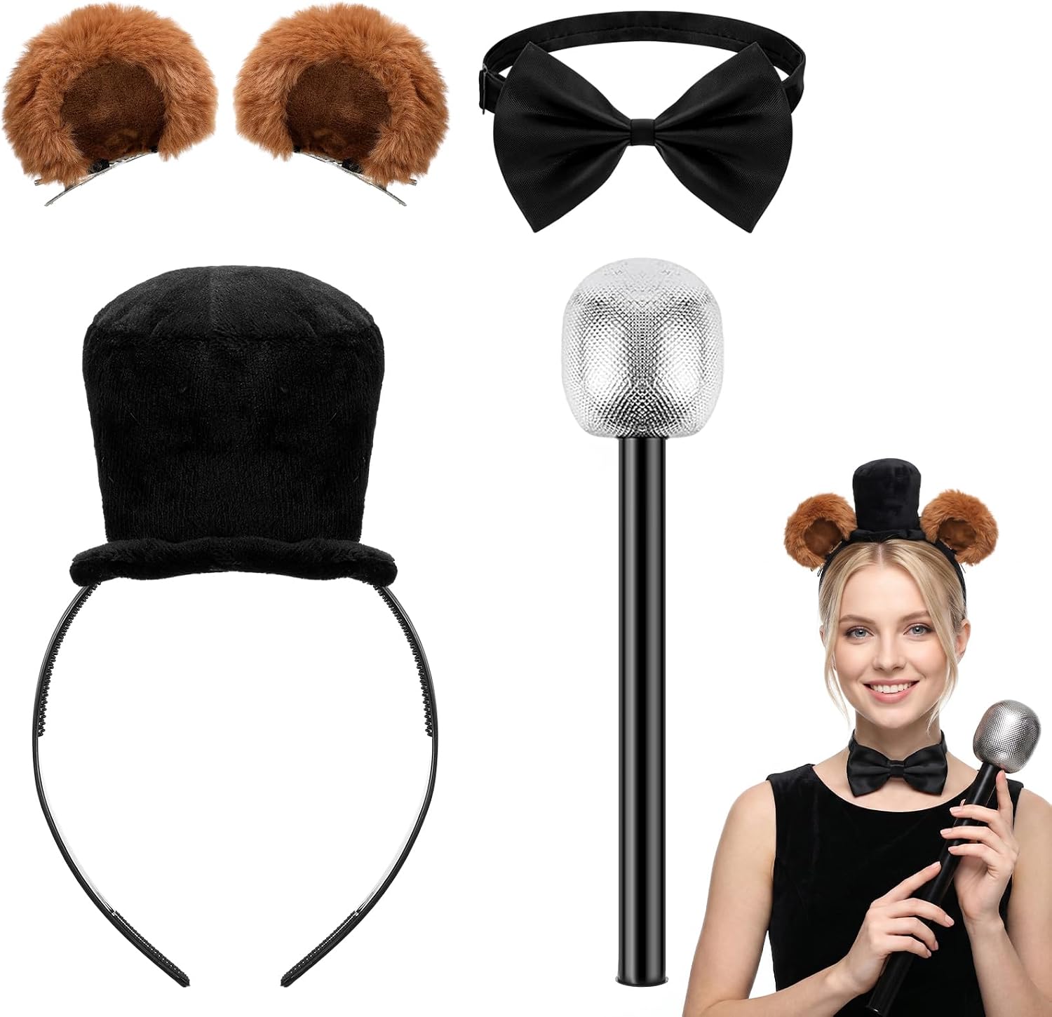 Preboun Bear Costume Accessories Set, Plush Bear Ear Clips, Black Top Hat Headband, Bow Tie and Glitter Microphone Prop, Bear Character Costume Kit for Cosplay Halloween Dress up Party