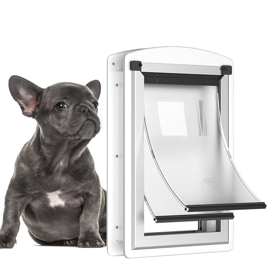 [MAVRICTECH] Doggie Door for Door, Doggy Door for Exterior Door with Steel Frame and Telescoping Tunnel, Dog Door with Two Magnetic Flaps and Two Sliding Lock Panels, for Pets Up to 40LBS, White