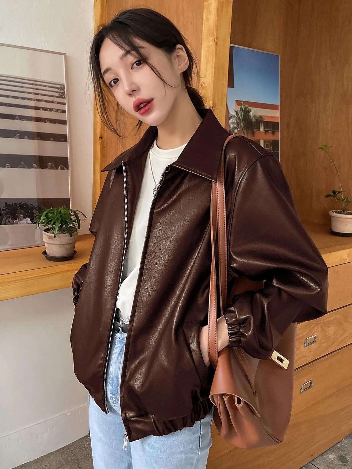 Women's Trench Coat Casual Zipper Slant Pockets PU Leather Jacket Long Sleeve Classic Overcoat