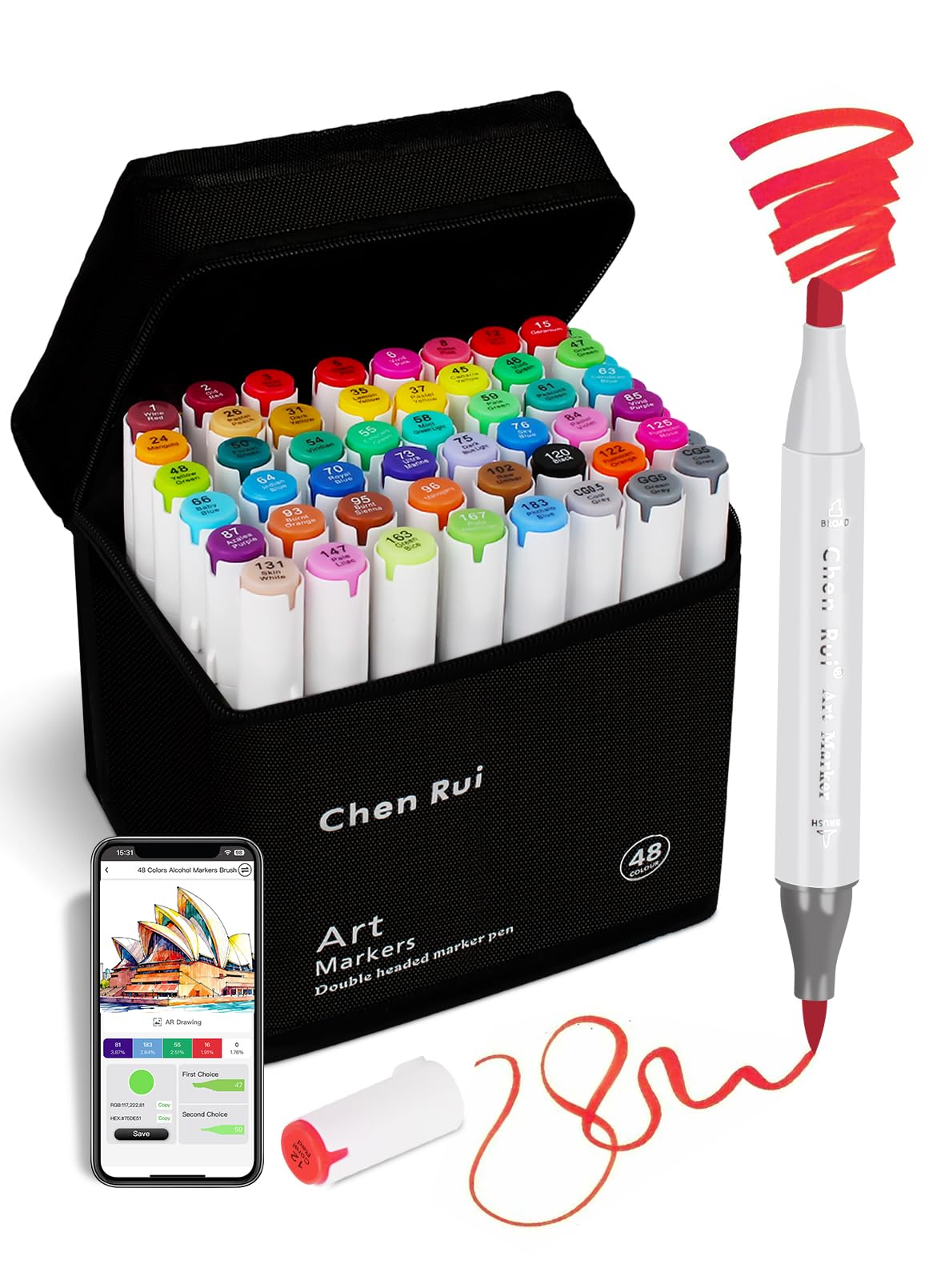 Chen Rui 48 Colours Alcohol Markers Brush Tip with Free App,Dual Tips Blender Colouring Pens for Adults, Alcohol Based Markers Dual Tips for Painting, Sketching, Drawing