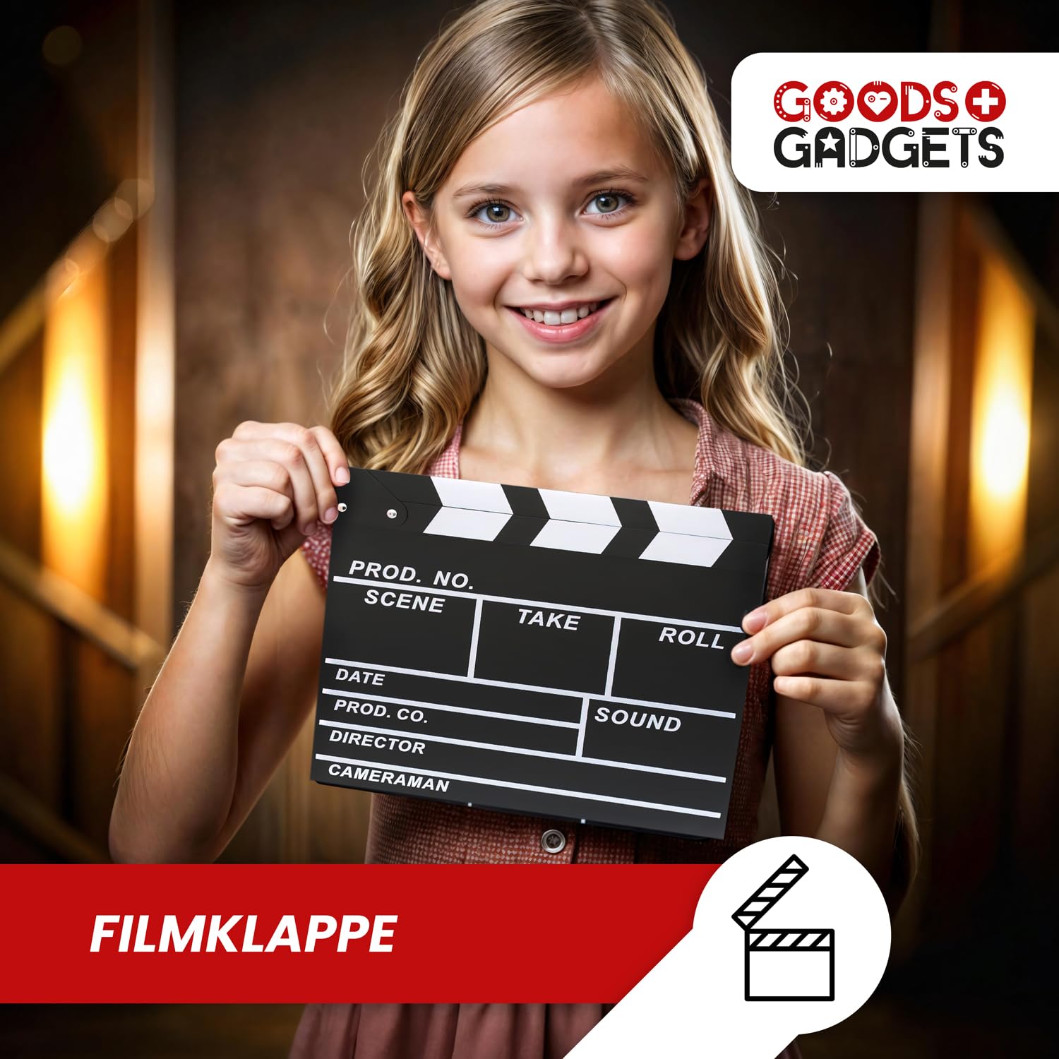 GOODS+GADGETS® Klaps Reżyserski XXL 30x27 cm - Tablica Kredowa Rekwizyt | Klaps filmowy na podstawie oryginału – czarna powierzchnia do pisania kredą, zawias, wymiary 30 x 27 cm