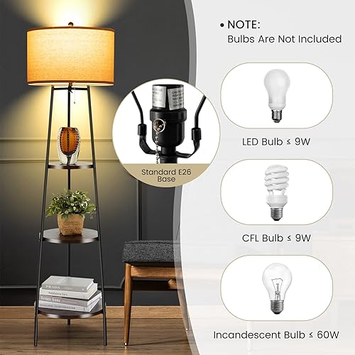 Miniatura 3 de GOFLAME Lámpara de pie con estantes, lámpara de pie con estantes de 3 niveles, pantalla de lino blanco y marco de metal resistente, lámpara de