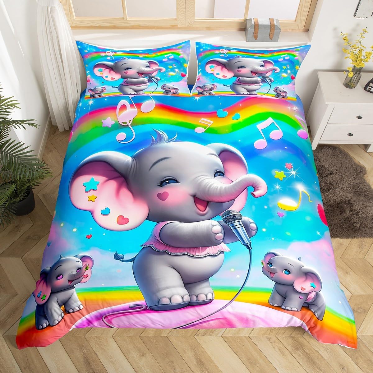 Cartoon Elephant Duvet Cover Set Toddler Size Dreamy Rainbow Starry Sky Bedding Set for Kids Artistic Singing Animal Comforter Cover Musical Notes Print Quilt Cover,1 Pillowcase(No Comforter)