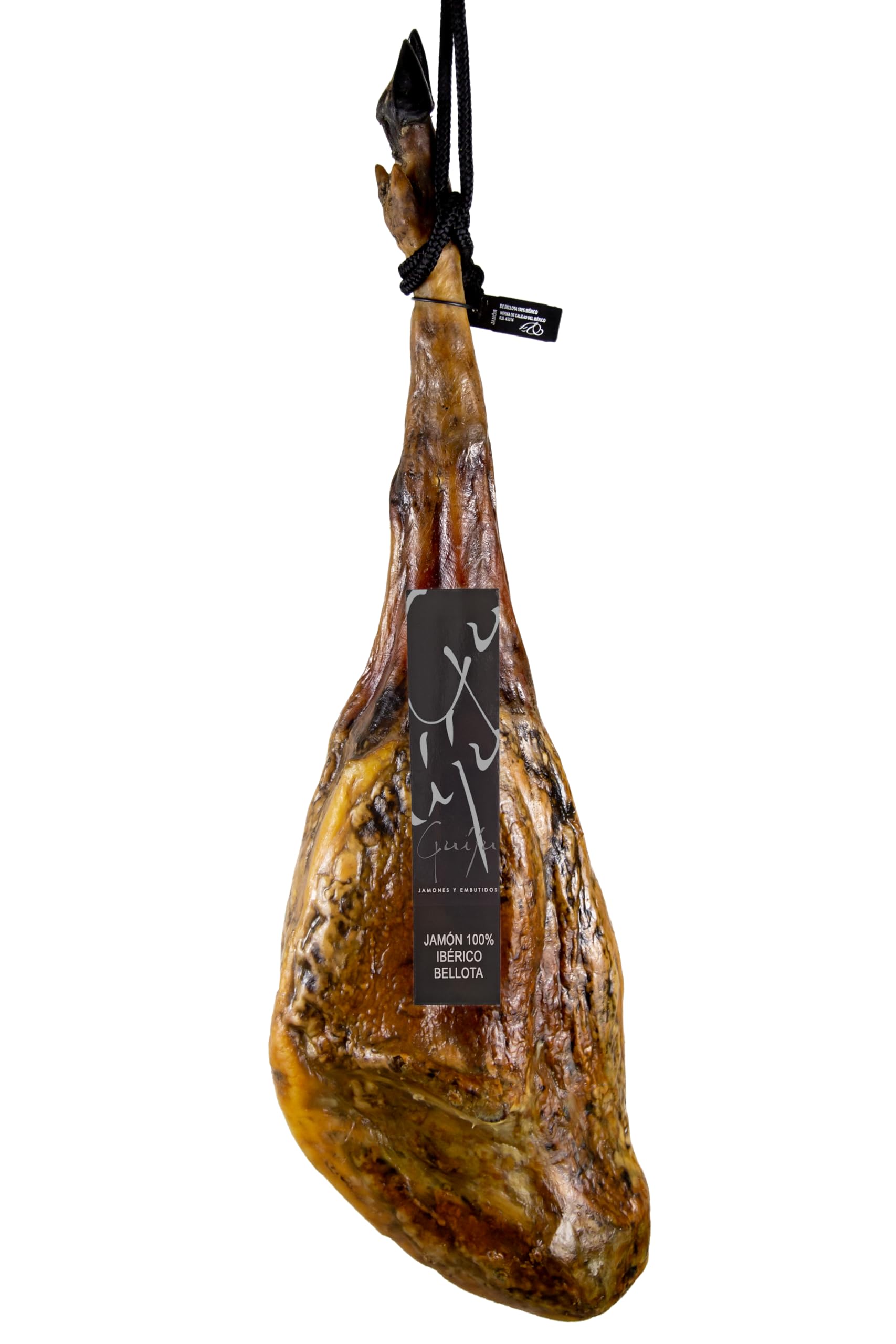 Jamón Ibérico de Bellota 100% Ibérico, Pata Negra, Aprox. 8-8,5 kg, con Chorizo o Salchichón de Bellota y Cuña de Queso de Oveja+miel natural de encina, Marca Guiju.Certificado brida negra.