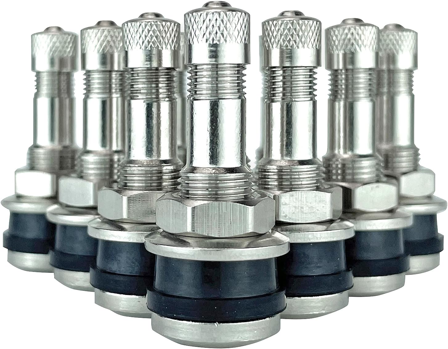 Ten TR416 1.25 inch Nickle Plated Brass Clamp in Valve Stems for Wheels with 0.453 or 0.625 inch Valve Holes. TV-416 Haltec Valve Stems.