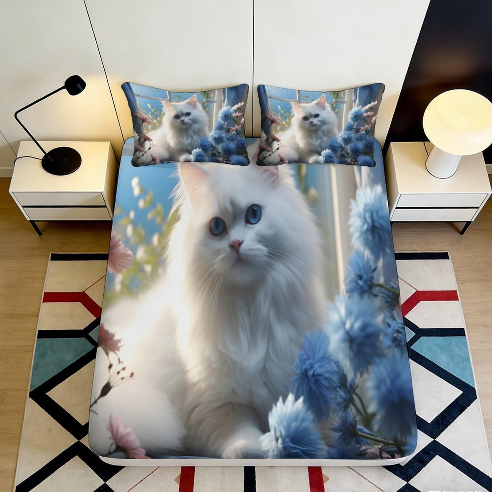 3D Printed White Persian Cat Fitted Sheet Microfiber Soft Bedroom Decor Blue Floral Mattress Cover Gift 90x200x25cm