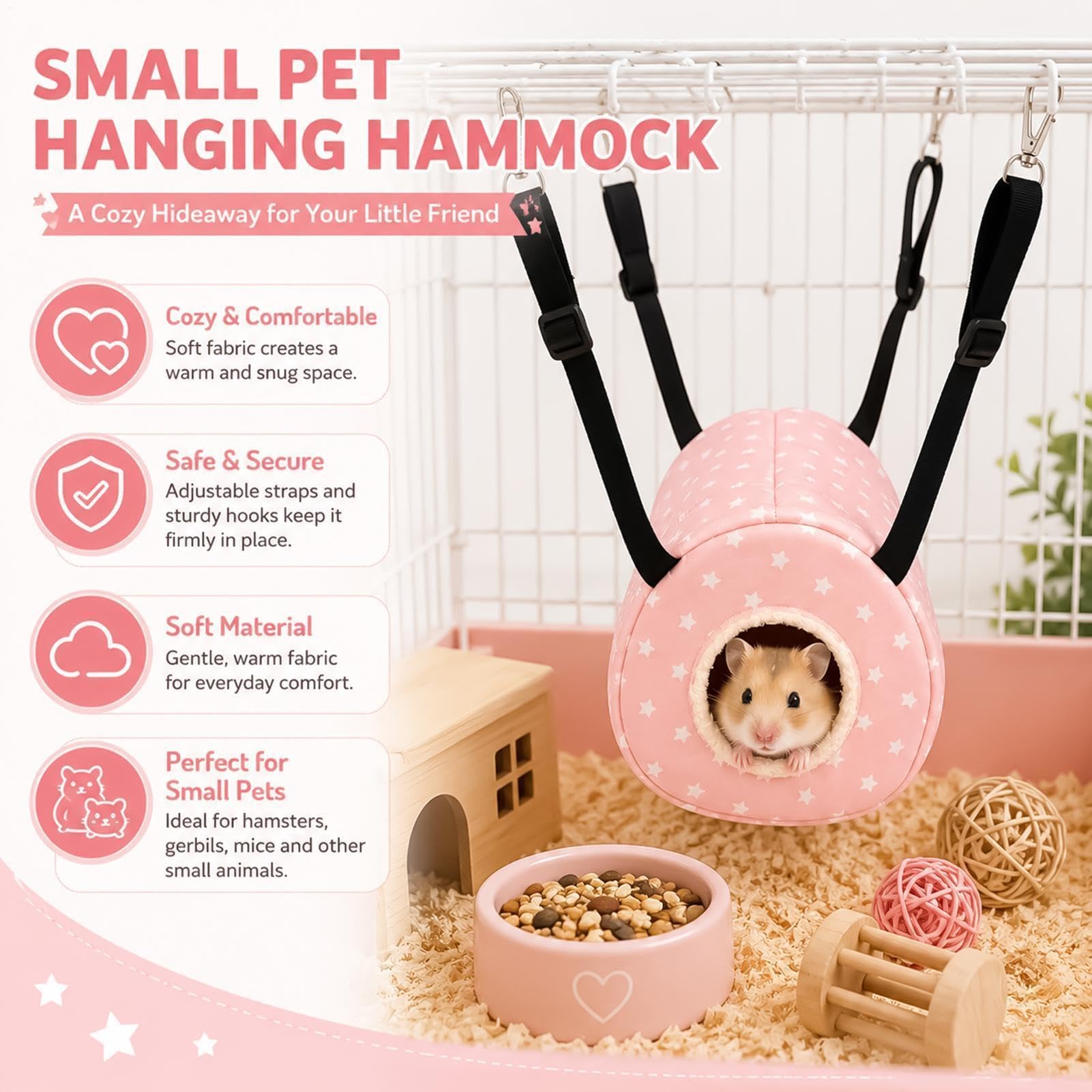 Verstellbare Hamster-Hängematte – Warmes Nesthaus & Spielzeug, Käfigzubehör für Hamster, Mäuse, Meerschweinchen, Frettchen & Igel