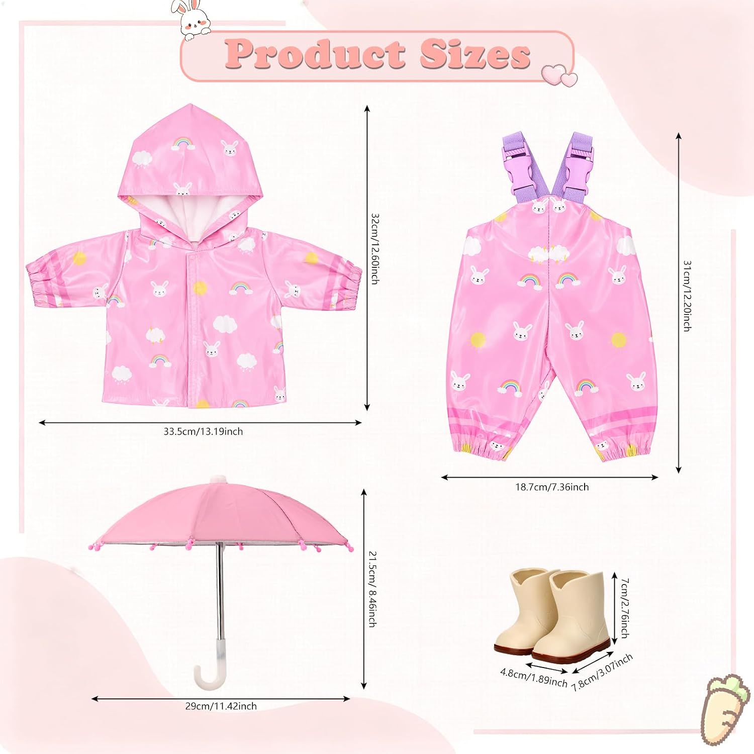4 Pieces Baby Doll Outfit for 14-18 Inch Dolls Pink Cartoon Raincoat Set | Includes 1 Pink Raincoat, Pink Rain Pants Rubber Boots Umbrella for 14-18 Inch Baby Doll Created Clothing Set