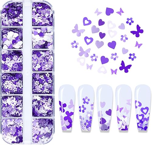 KACHIMOO Lentejuelas con purpurina para uñas, 12 rejillas degradadas para uñas, copos de purpurina en 3D, flores de cerezo de mariposa, accesorios