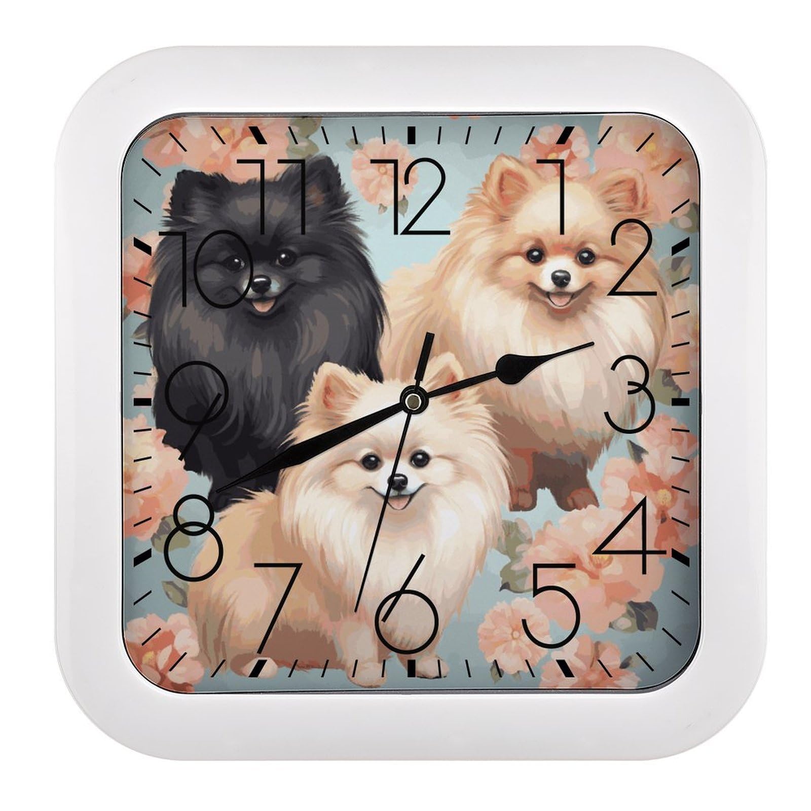 LDGSUPH Pomeranians Pattern Wall Clock Silent Non-Ticking Modern Clock Personalized Vintage Square Clocks for Travel Office Kitchen Home Decorative Clocks 10.2 Inch