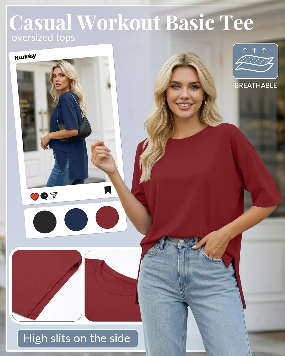 Huukeay 3 Pack Women's Oversized Gym T Shirts Short Sleeve Side Split Crewneck Tops Casual Summer Workout Baggy Basic Tee - Image 4