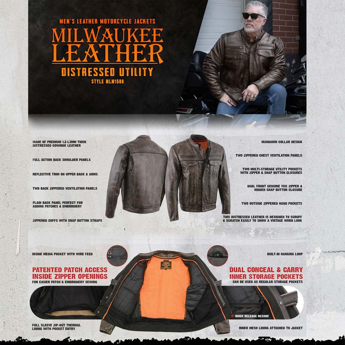 Milwaukee Leather MLM1508 Men's Distressed Brown Premium Leather Motorcycle Rider Jacket - Medium