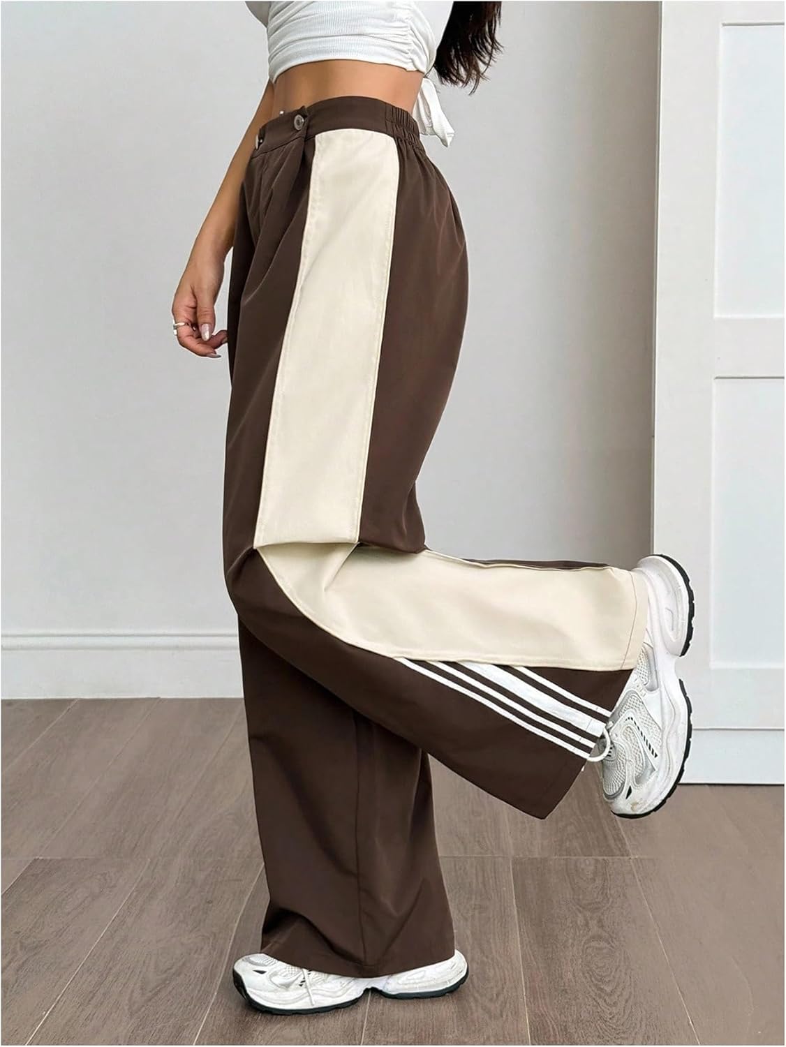Women's Striped Side Streetwear Pants Wide Leg Button Front Casual Trousers - Image 3