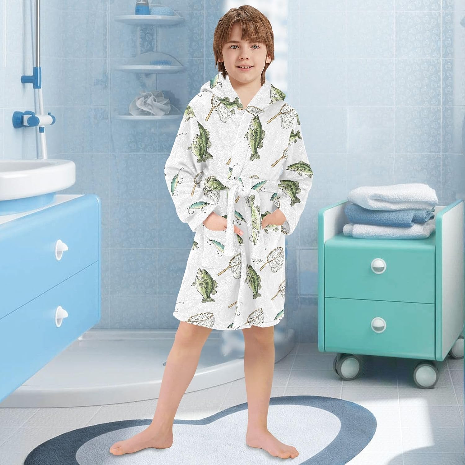 Toddler Baby Hooded Bathrobe for Boys Girls Soft Plush Bath Towel Robe with 2 Pockets for 2-12 Years