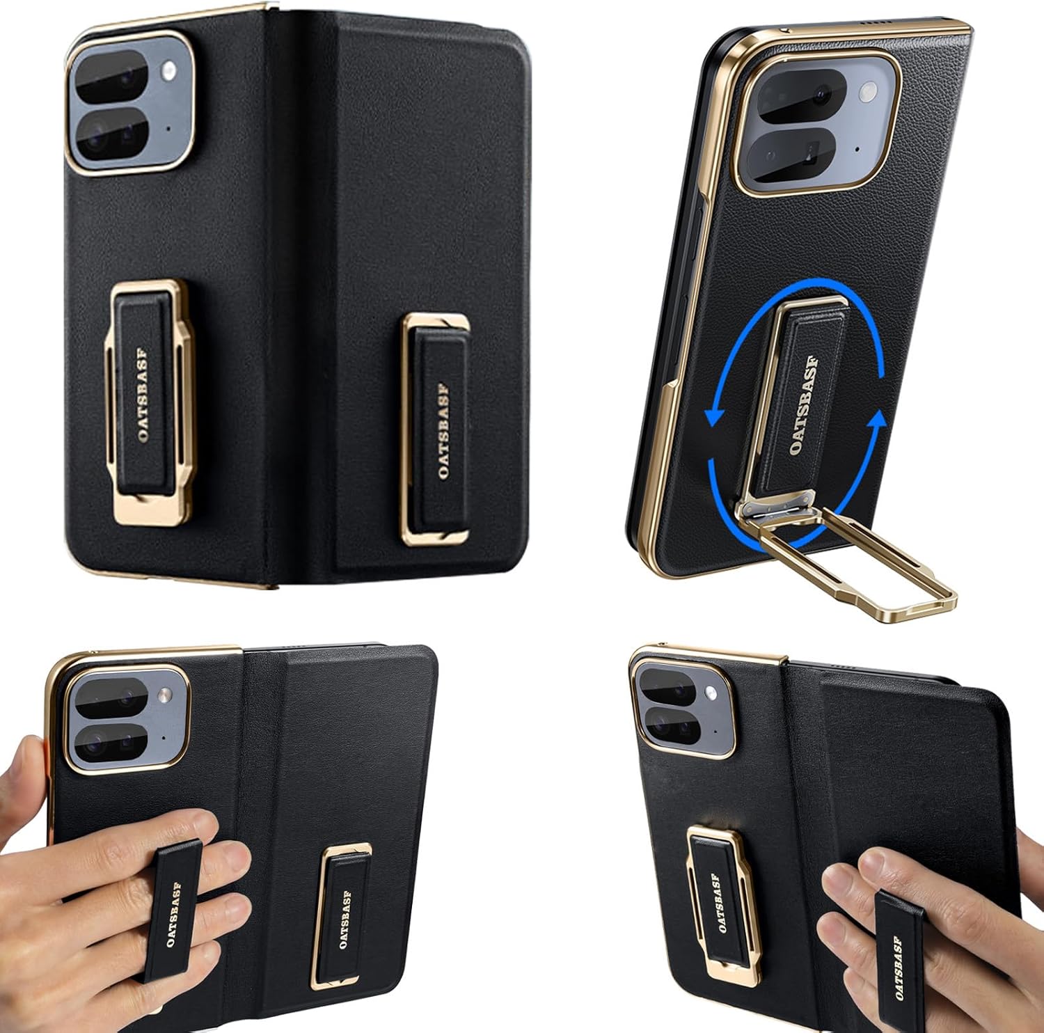 for Google Pixel 10 Pro Fold Leather Case with Grip Ring Finger Strap,360° Rotatable Stand,Built-in Screen Protector Full Body Phone Cases,Anti-Scratch Shockproof Wristband Flip Cover(Black)