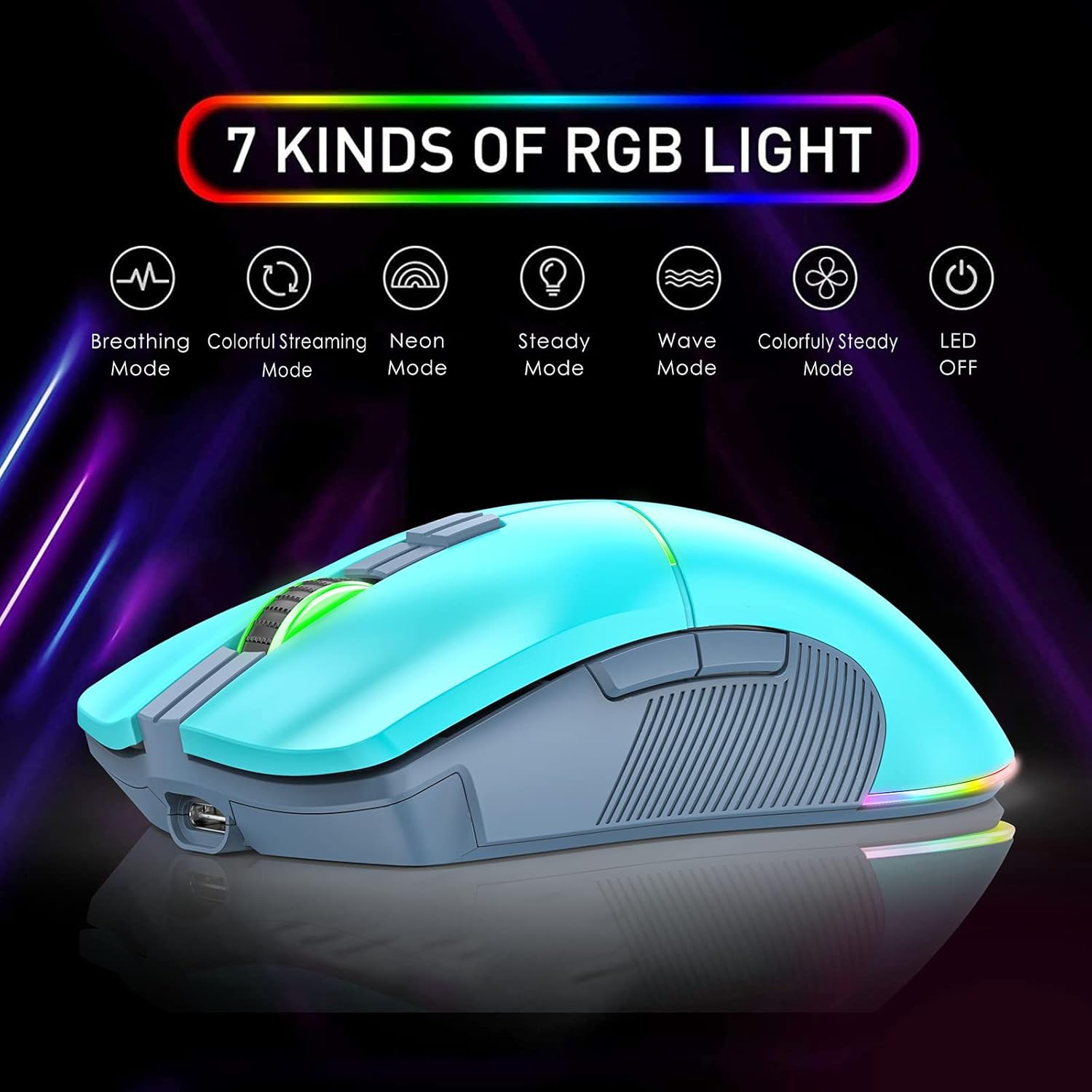 Uciefy U26 Gaming Mouse displaying 7 RGB light modes