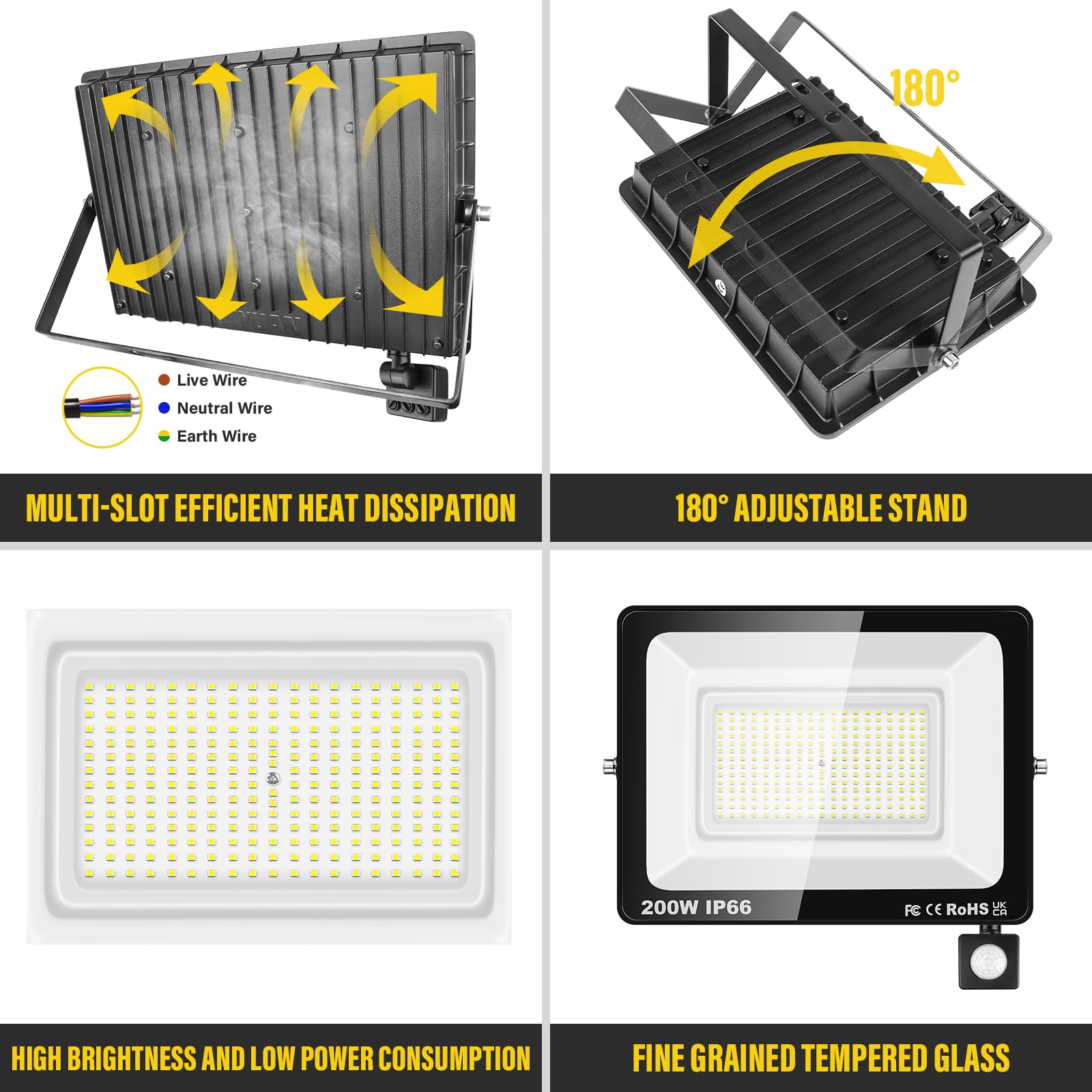 Willpower LED Security Lights Outdoor Motion Sensor 200W LED Floodlight 20000lm IP66 Waterproof PIR Lights Daylight White 6500K Wall Light for Garden Backyard Garage Doorway Court Patio Lawn - Image 3