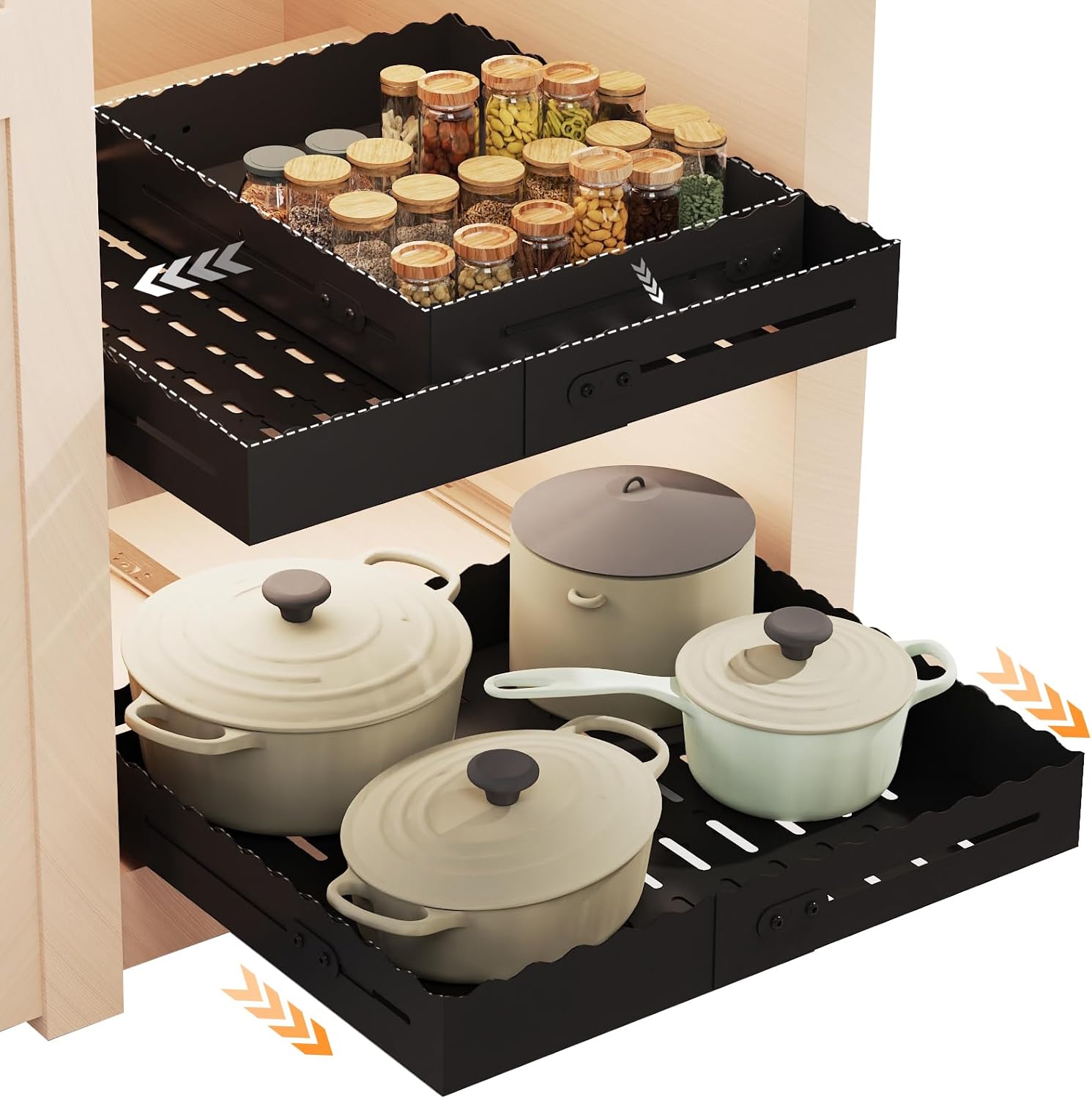 FOXHIVE Expandable Pull Out Cabinet Organizer - Adjustable Width 12-18" & Depth 13-23", 3-Rail Heavy Duty Slide Out Drawer, No-Drills Adhesive Mount, Fits Lip & Lip-Free Cabinets(Black)