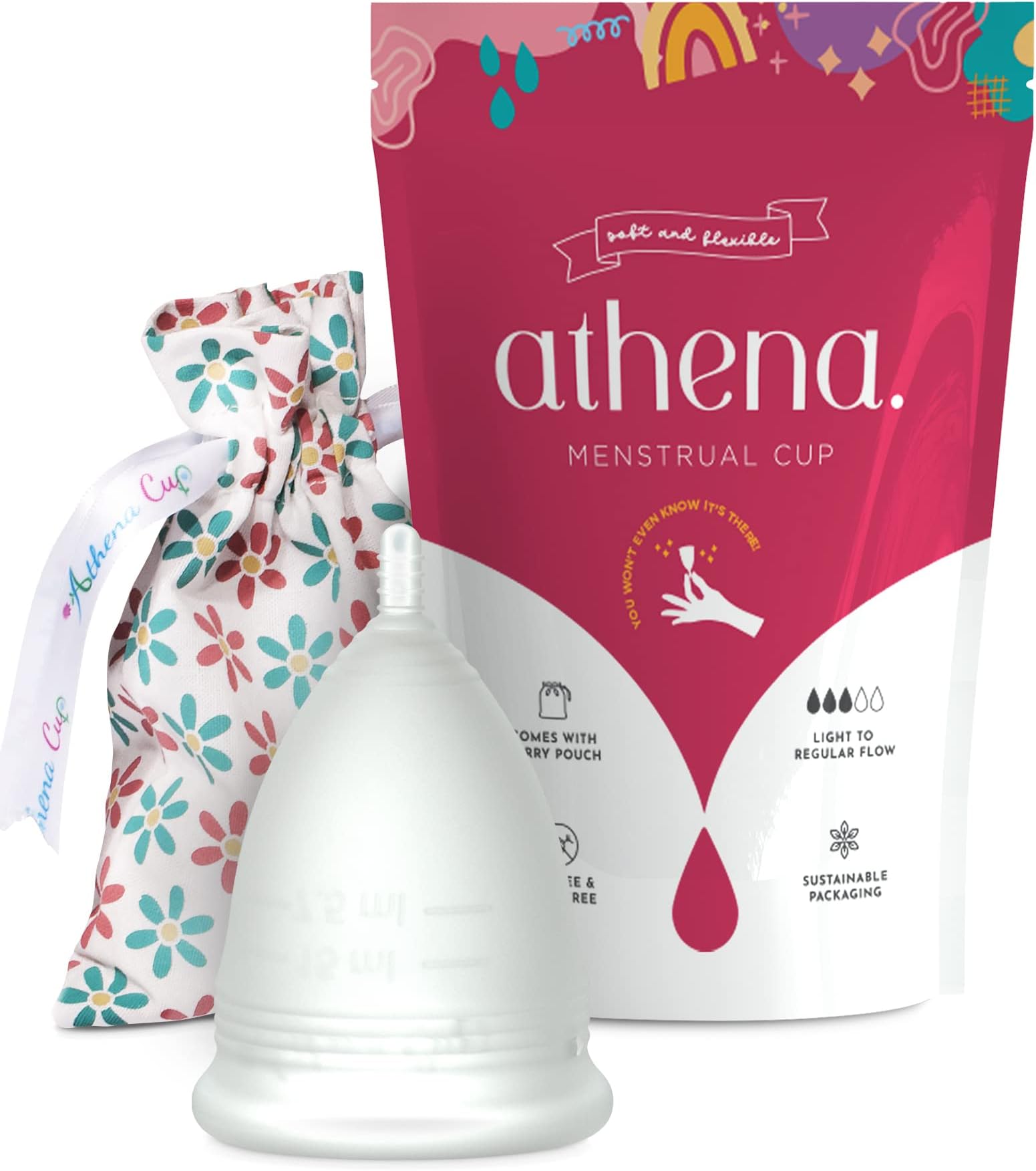 Athena Menstrual Cups - Larger Size - The Original Softer Reusable Period Cups for Women – for Regular to Heavy Flow – No Shift Menstruation Cup with Form Fit Rim for Easy Insertion