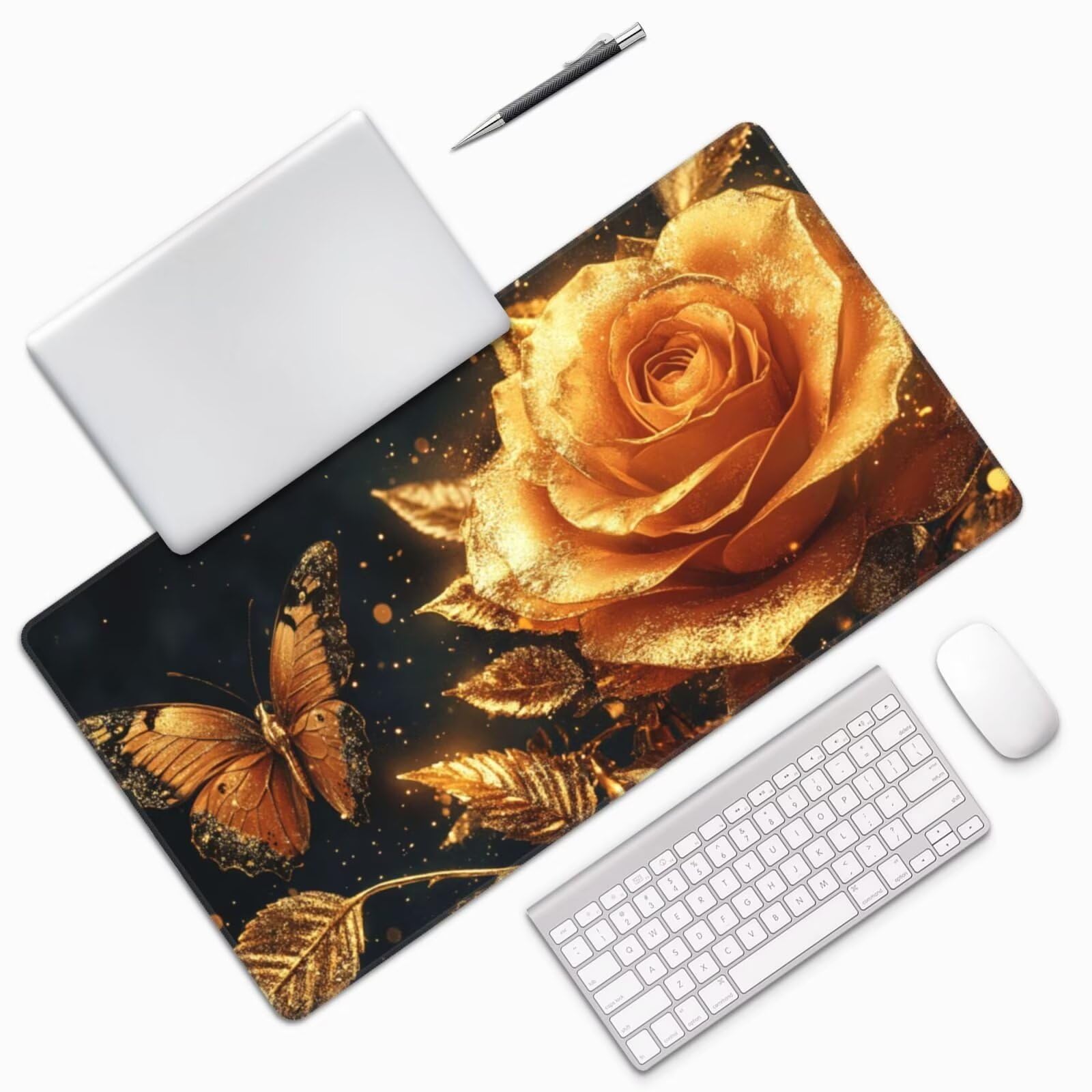 Gaming Mauspad XXL 1200 x 600 x 3mm Mousepad Verlängertes Groß Mauspad Schreibtischauflage,Genähte Kanten rutschfeste Gummibasis,Verbessert Präzision Geschwindigkeit Home Office Goldener Rosen L-2904