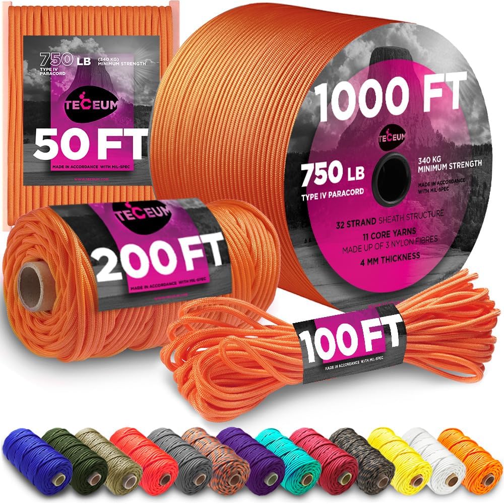 TECEUM Paracord Rope 750 lb – 1000ft / 200ft / 120ft / 100ft / 50ft – String Parachute Cord for Camping, Survival, Outdoor Gear – 35+ Colors – Nylon Utility Rope – Tactical Survival & Camping Kit