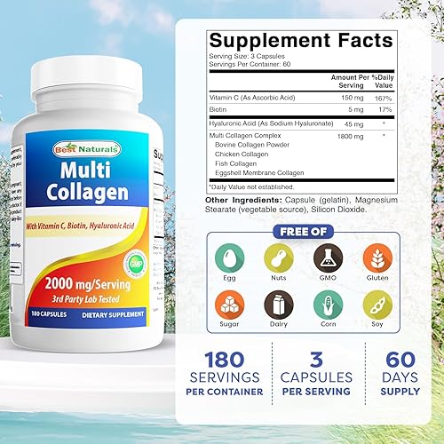 Vista 2 de Best Naturals Multi Collagen Pills 2000mg for Women & Men - Hydrolyzed Collagen Peptides Capsules for Hair Skin and Nails with Types I II III V X