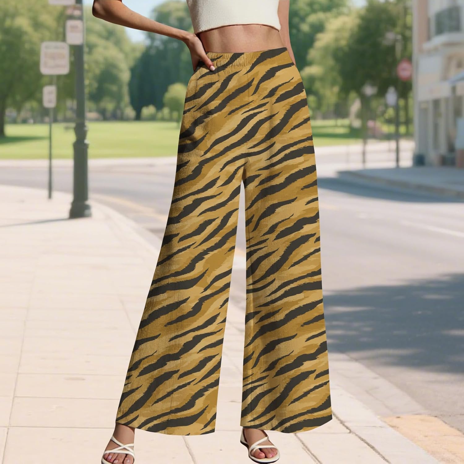 LIZALIG Women's Leopard Print Pants High Waist Wide Leg Trousers with Elastic Waistband Casual Loose Fit Pockets - Image 2