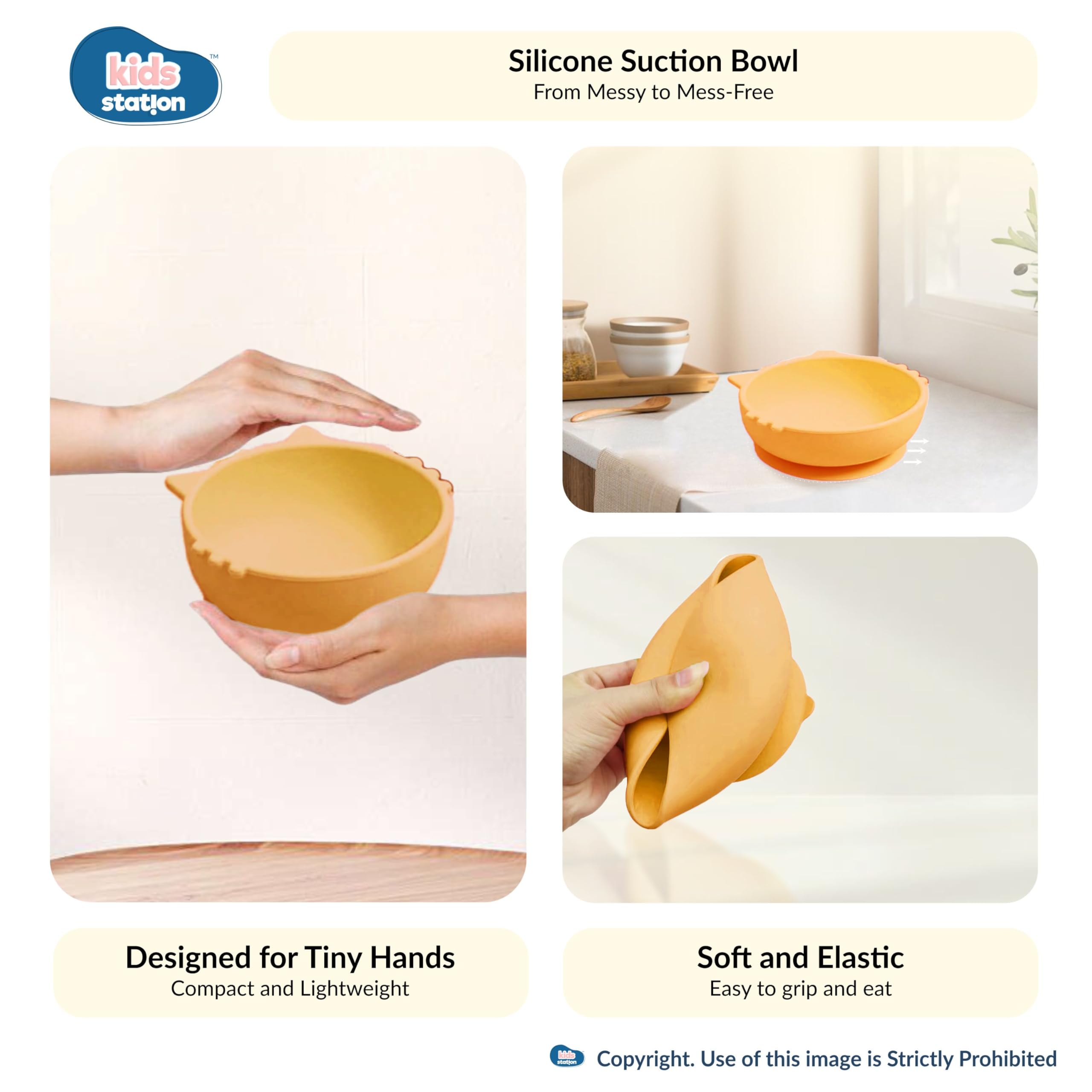 Kids Station 6 Piece Portable Cat Shaped Silicone Baby Feeding Set - Baby Bib, Plate, Fork, Sipper, Spoon and Bowl   , Mealtime Essentials, Promotes Baby Self-Feeding for Highchair (Yellow) - Image 7 thumbnail