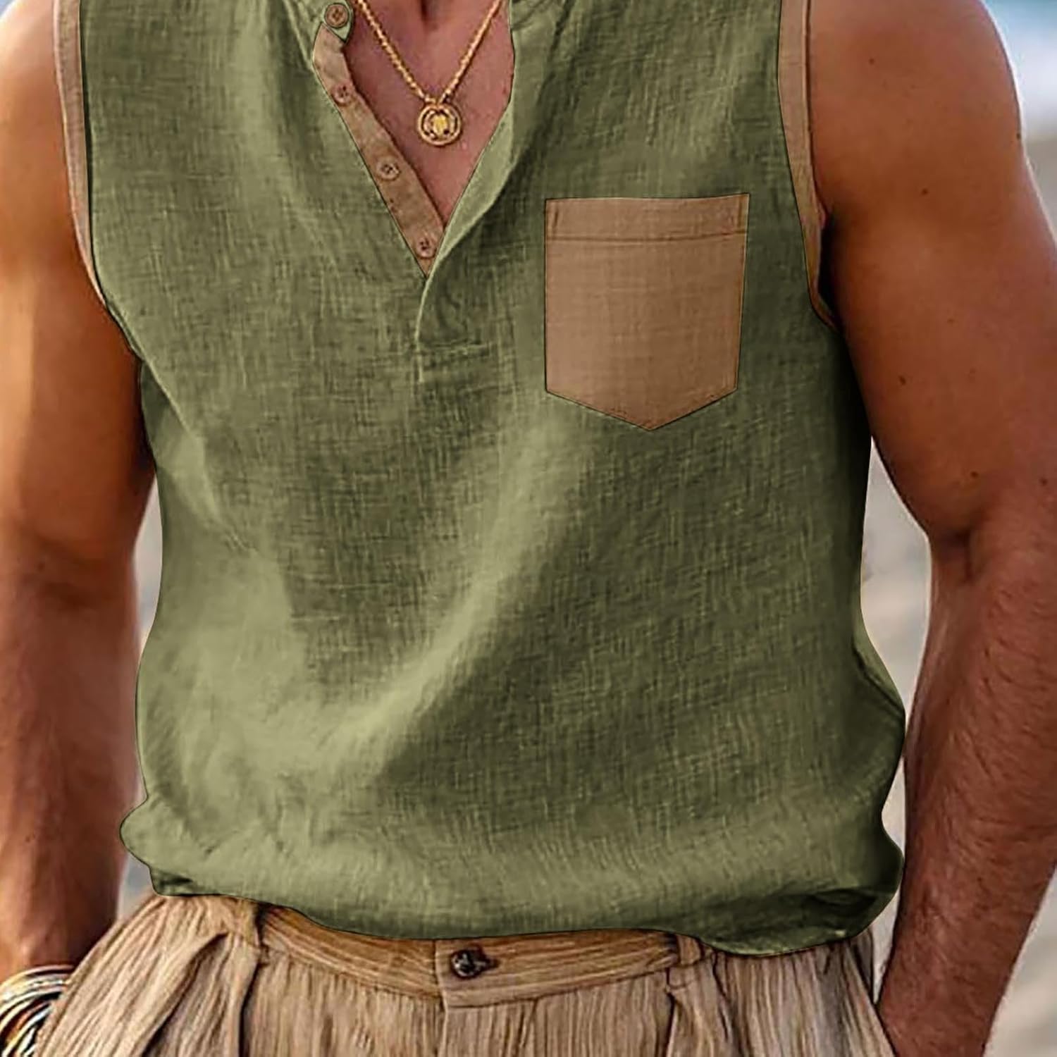 V Neck Sleeveless Shirt Men Color Block Tank Tops with Pocket Casual Linen Top Mens Vacation Henley Shirts Summer Tee