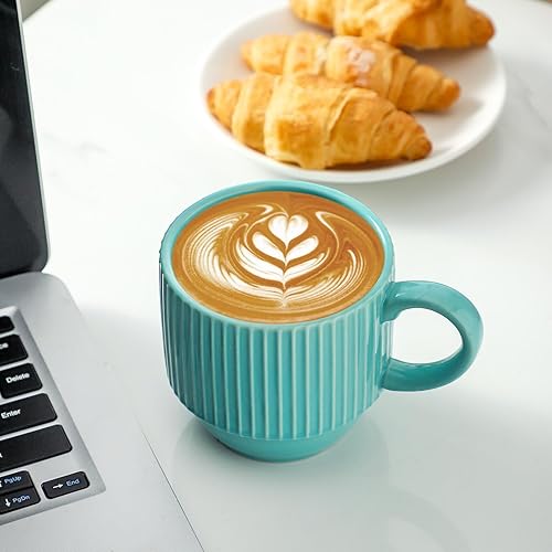 Vista 114 de Hasense Juego de 4 tazas de café de cerámica con soporte, 15 onzas, apilables, grandes, de porcelana, acanaladas, para capuchino, té, cacao