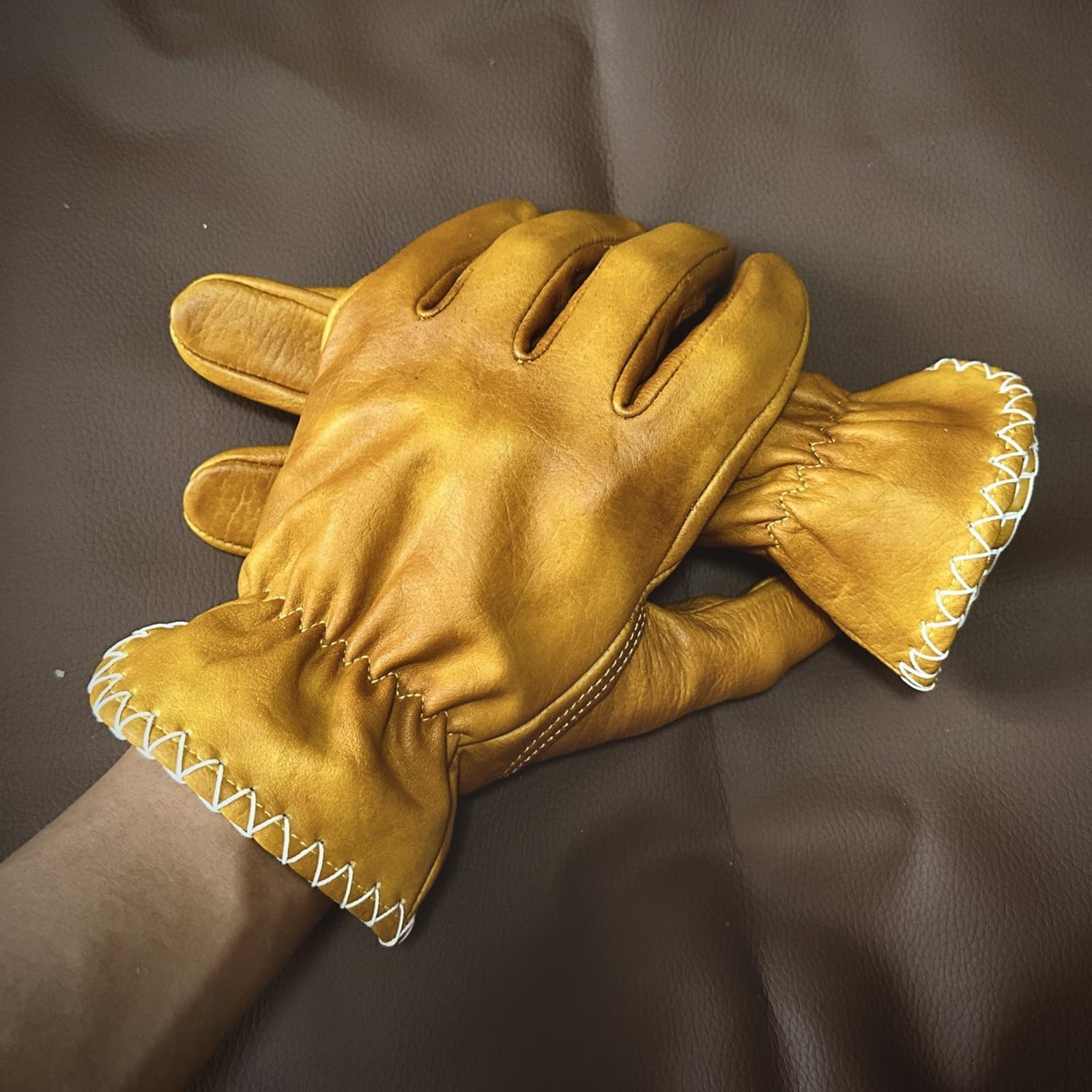 Guanti da Guida In Pelle di Vacchetta Con Palmo Imbottito e Polsino Overlock da Uomo, Vintage, In Pelle Cerata E Oliata