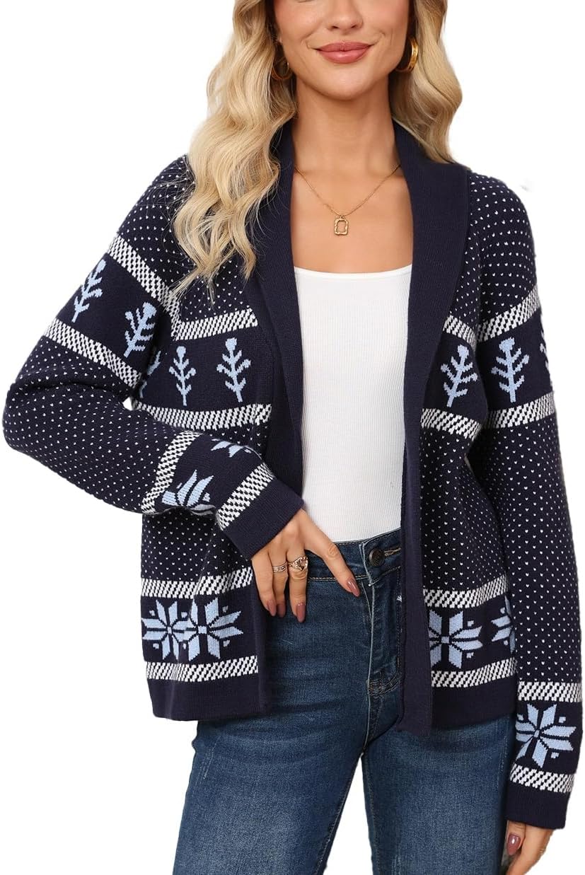 Ladyful Long Sleeve Christmas Sweater Cardigan Womens Casual Open Front Snowflake Xmas Knit Shawl Coat