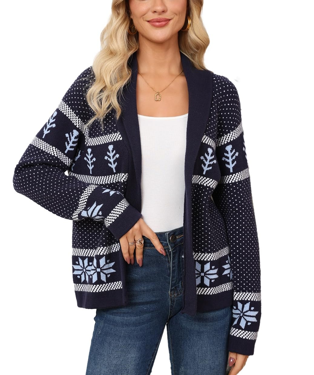 Ladyful Long Sleeve Christmas Sweater Cardigan Womens Casual Open Front Snowflake Xmas Knit Shawl Coat