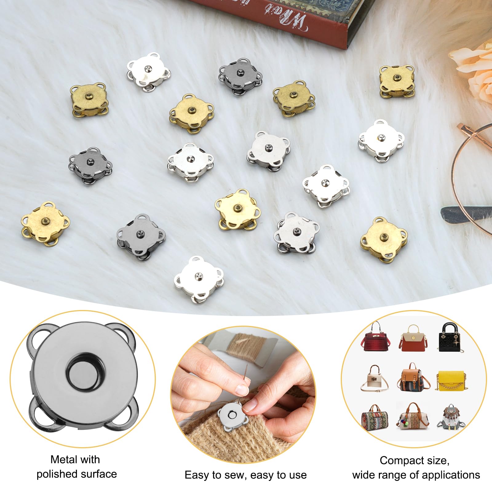 30 Bottoni Magnetici Da Cucire - Chiusura Magnetica Per Borse, Abbigliamento, Zaini, 14mm In 3 Colori - Foto 3