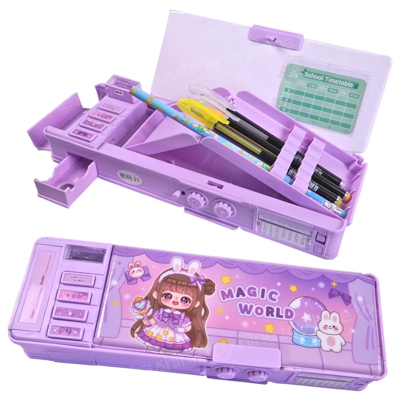 Toyshine Plastic Multi Compartment Button Operated Magician Doll Design Pencil Box With Code Lock Mechanism In-Built With Push Button Enabled Storages And Sharpener For Kids (Purple) (B0D2R5413Y) Amazon Price History, Amazon Price Tracker