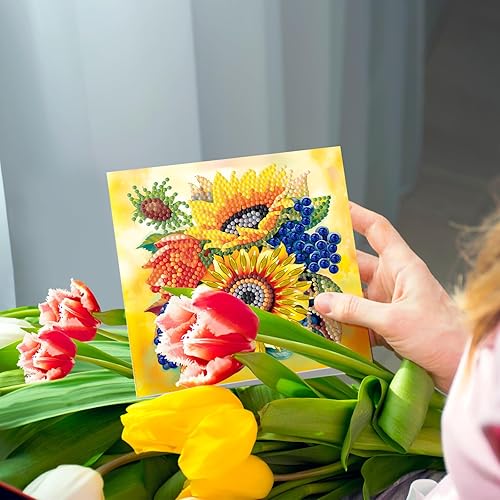 Miniatura 8 de LUSandy Paquete de 12 tarjetas de flores de pintura de diamantes 5D para adultos, flores, mariposas, pájaros, tarjetas de felicitación, regalos de