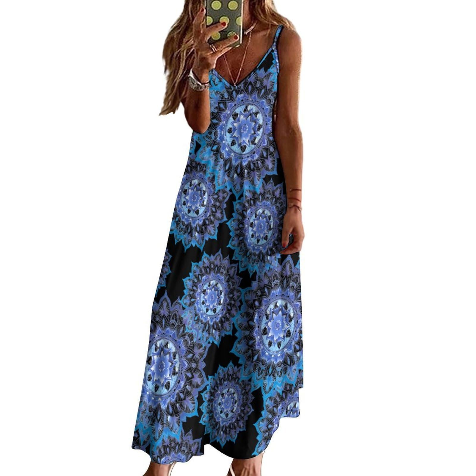 Vestido casual con estampado de flores degradadas azules para mujer, vestido largo con espagueti, longitud hasta el tobillo, vestido de verano fluido