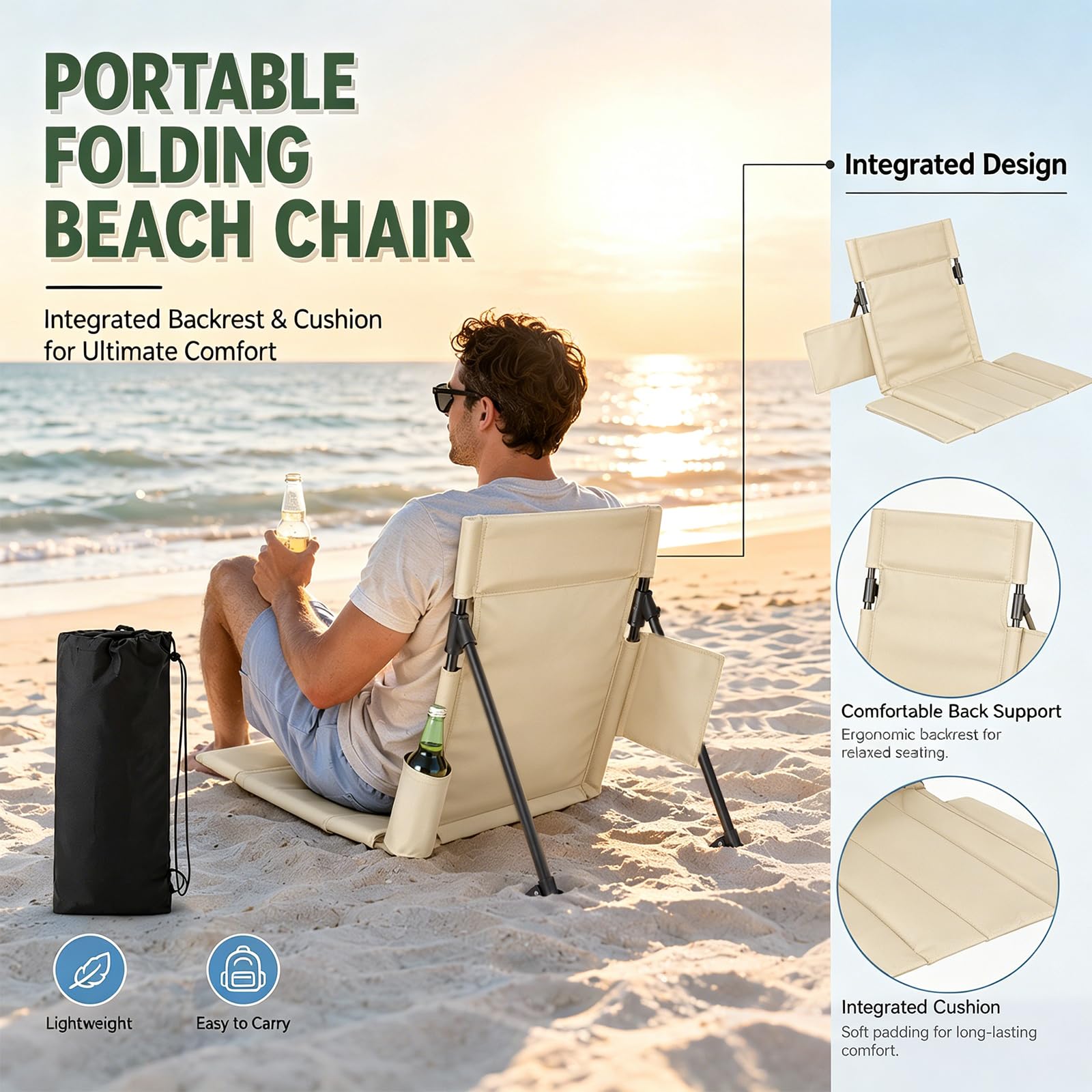 Sedia a sdraio pieghevole leggera con schienale 54x35cm, sedia a sdraio pieghevole per viaggi e campeggio, sedile da terra regolabile in altezza con tasca, per spiaggia, lago, giardino, robusta