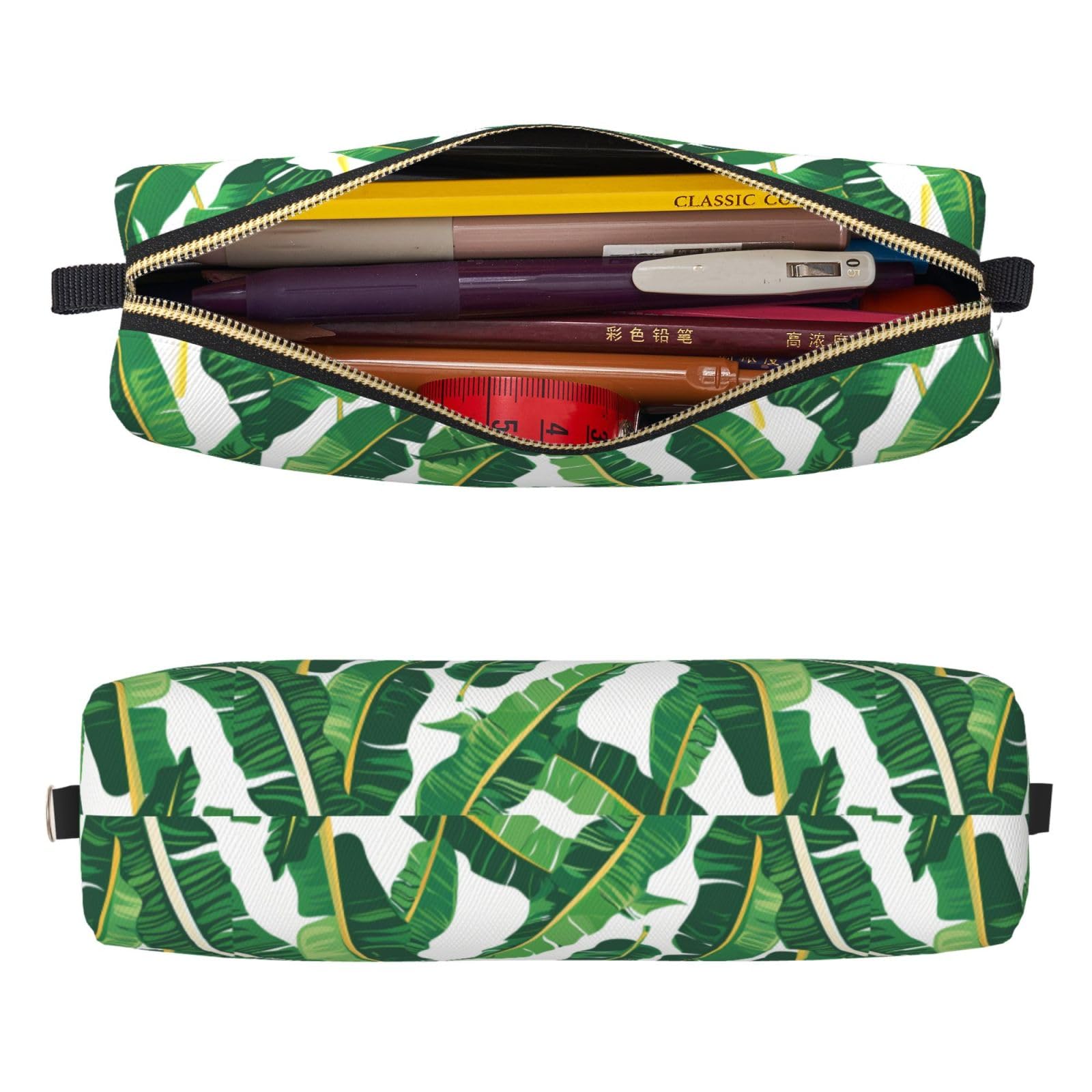 Mexpekil Leather Pencil Case for Girls Boys Green Banana Leaves Small Pen Organizer Bag Zipper Slim Multi-Use Pouch for School Supplies Kids Adults