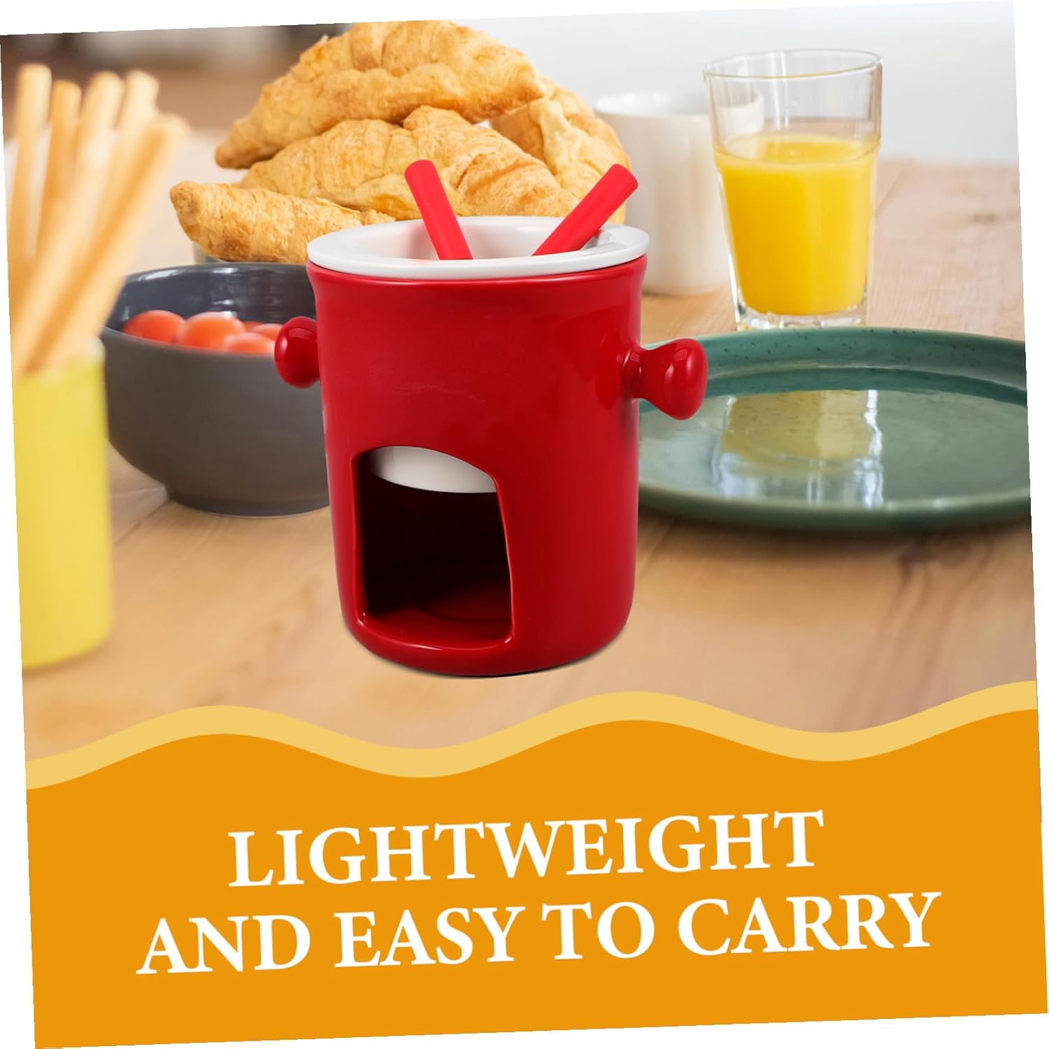 Ceramic Chocolate Melting Mug Fondue Set with Red Forks for Cheese Butter and Porcelain Heat-retaining Pot for Home Dessert Sharing and Creative Fondue Experiences