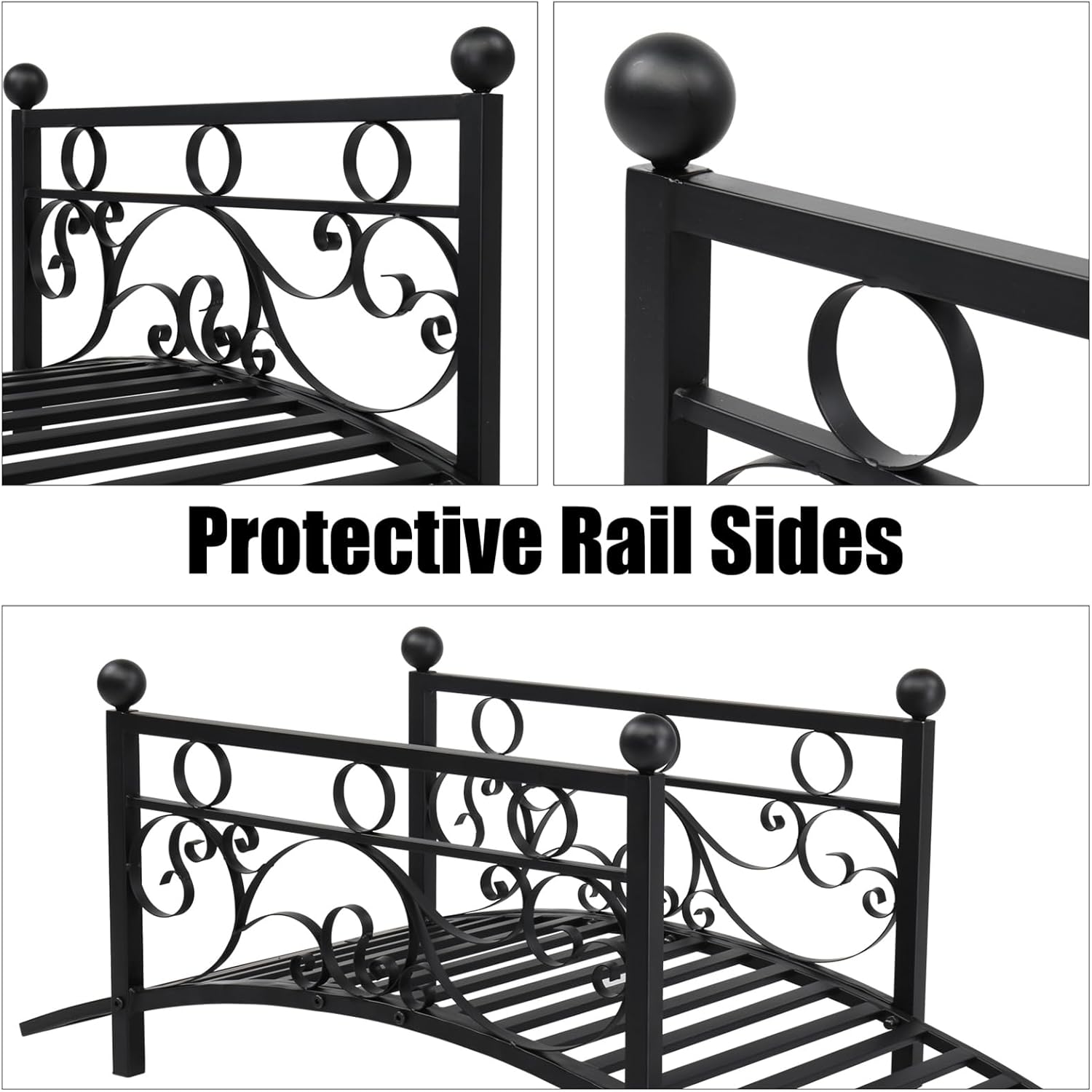 40.16" Metal Arch Garden Bridge, Ourdoor Decorative Iron Foot Bridge with Round Ball and Flat Top Handrail, Arch Footbridge Walkway for Garden Yard Backyard Creek Farm Stream (Matte Black)