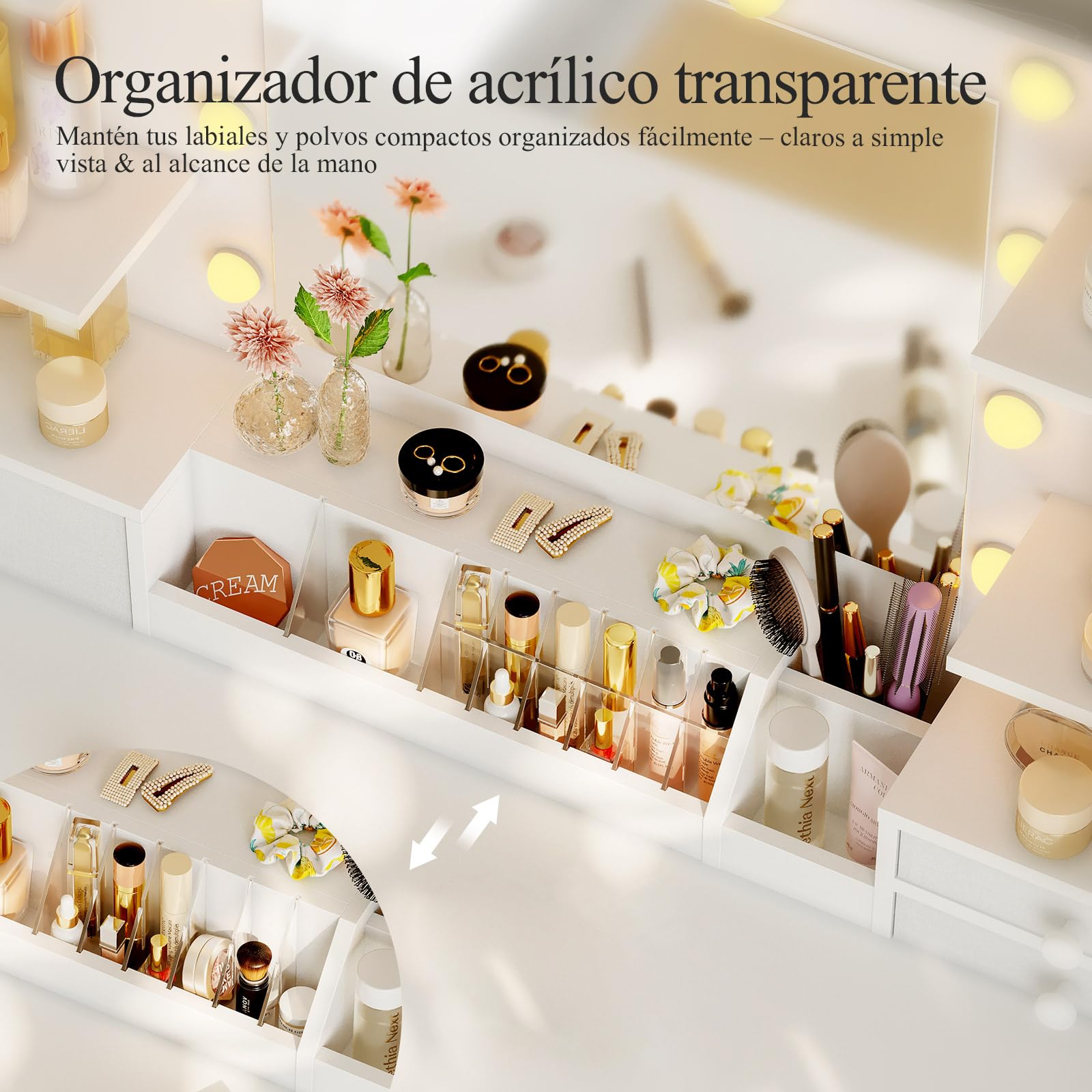 Coleshome Tocador de Maquillaje con Espejo LED y 10 Luces, Mesa de Maquillaje, Tocador Blanco con Cajones, Organizador y Estantes, Moderno para Dormitorio, 100x40x136cm
