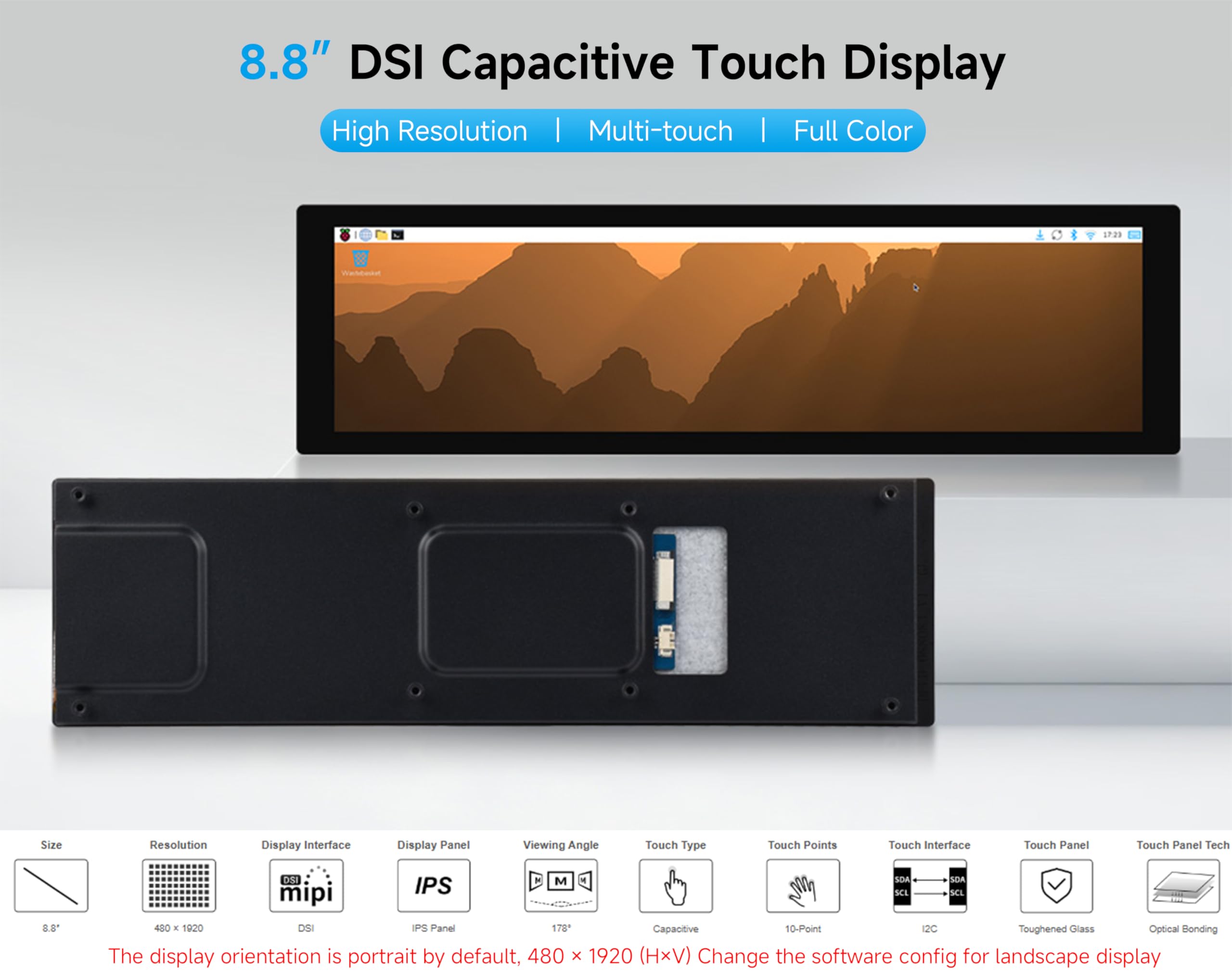 8.8inch DSI Capacitive Touch Display, IPS, 480×1920 Resolution, 10-Point Touch, Supports Backlight Adjustment Via Software, Compatible with Raspberry Pi, ESP32-P4, RK3576/3506 and CM3/3+/4/5 Boards